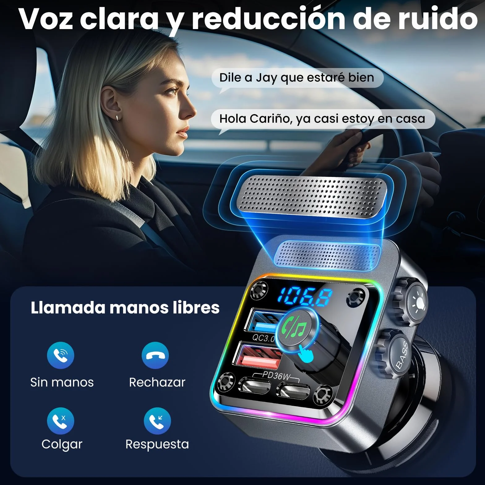 Gizmovine Transmisor FM Bluetooth Coche,Manos Libres Adaptador Bluetooth Radio Coche,Carga Rápida (USB C PD 36W QC3.0 18W),Mechero Accesorios Coche,Bass,Inalámbrico Reproductor Musica MP3