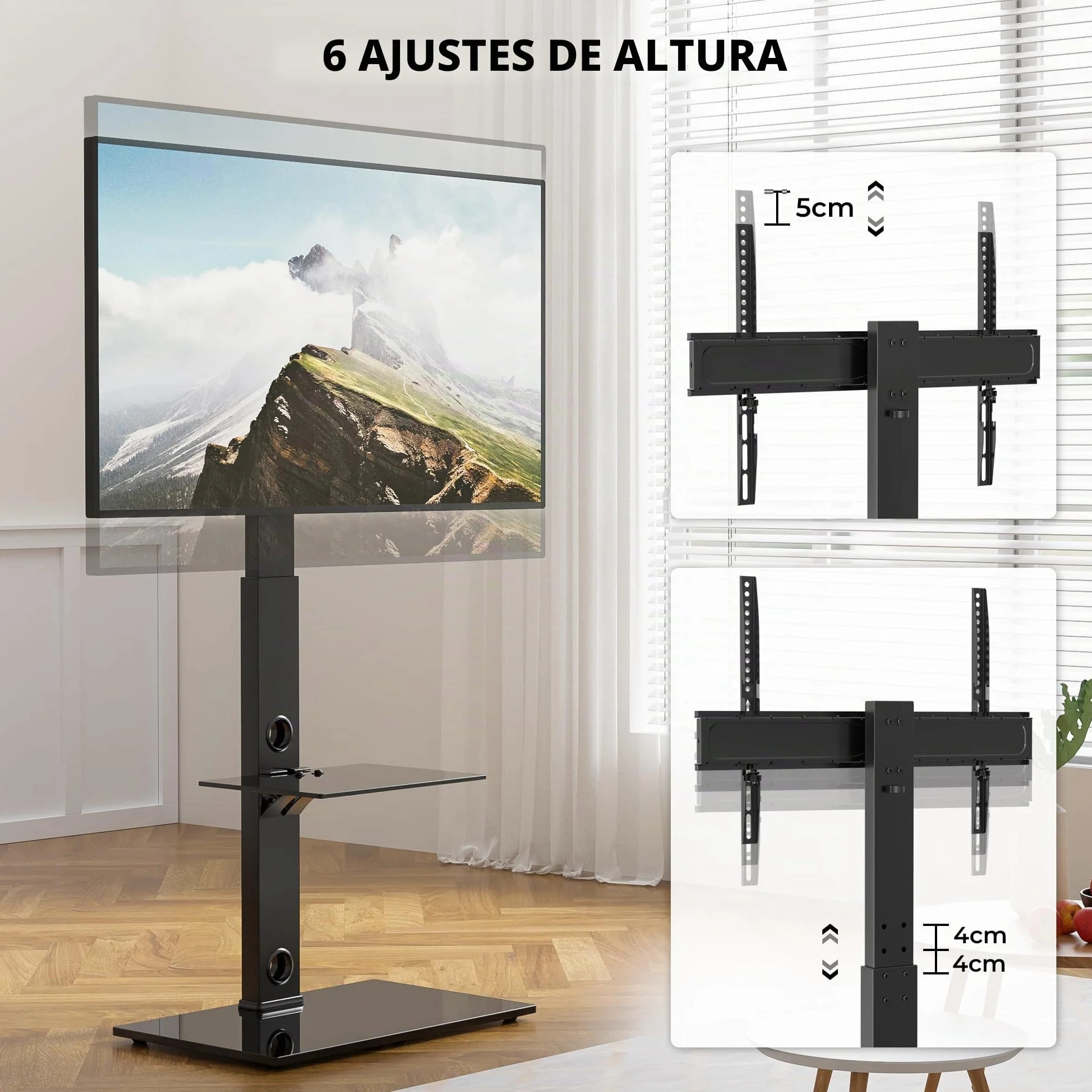 BONTEC Soporte TV Pie Universal 30-70 Pulgadas de Plasma LED OLED LCD, Ajustable en Altura, Soporte TV Suelo con Estantes de Vidrio Templado de 2 Niveles, hasta 40 Kg, VESA MÁX. 600x400 mm