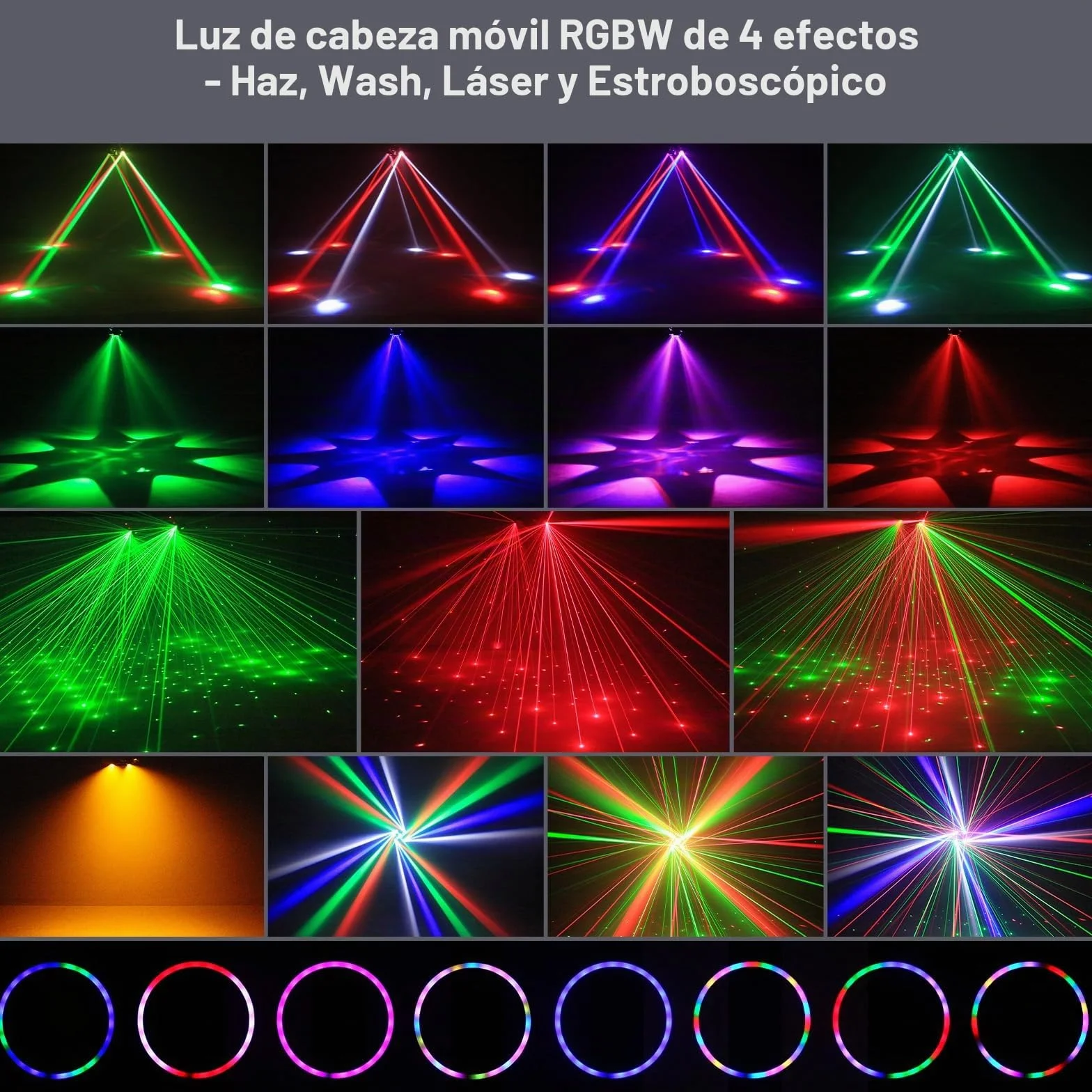 Cabeza Móvil LED 150W con control remoto RGBW Luz de Fiesta Gobos Luces Discoteca DMX Iluminación de Escenario para Bar DJ Disco Bodas Club Cumpleaños