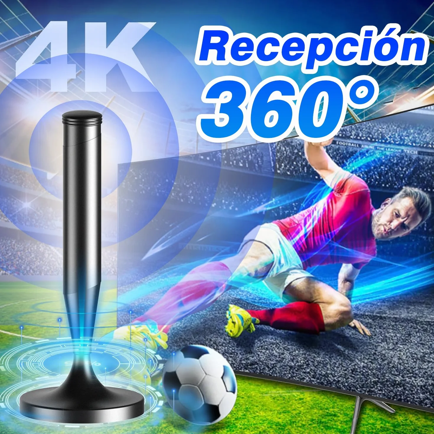 Antena TV Interior Potente para Smart TV TDT HD 4K/1080P Recepción 360° Base Magnética Fuerte Cable Coaxial 5 m Compatible DVB-T2/DVB-T