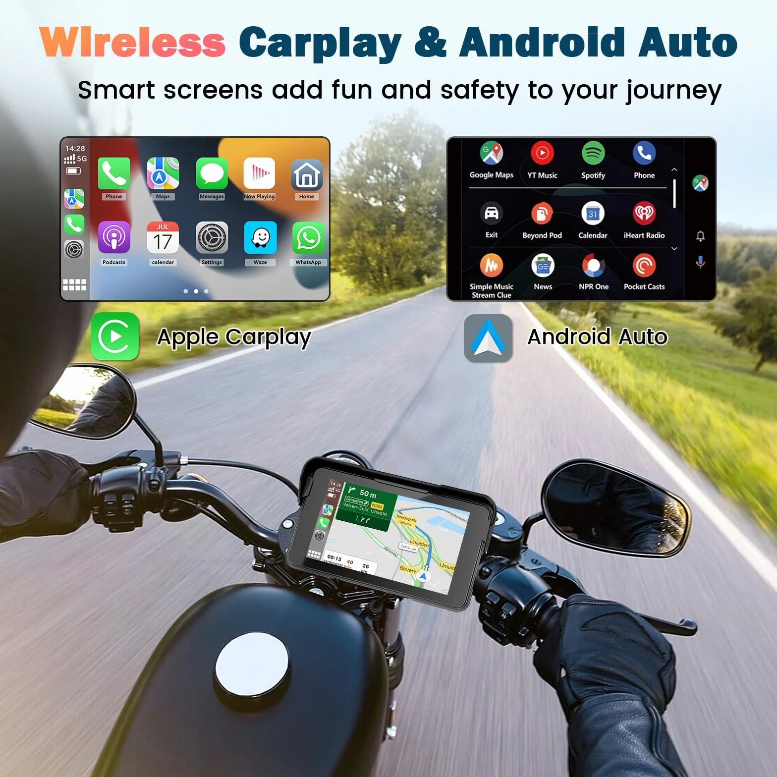 Pantalla Moto Carplay, Inalámbrico CarPlay y Android Auto, 5" Impermeable Táctil GPS Moto con Bluetooth, Navegador, Siri/Google Asistente, Soporte Magnético - Fácil de Instalar y Desmontar