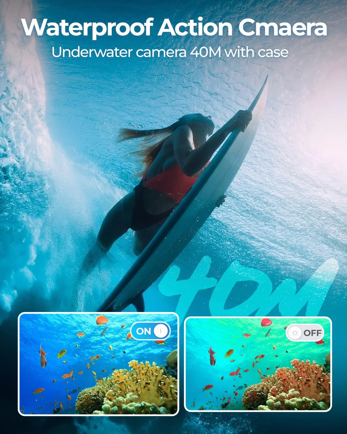 Cámara Deportiva 4K 60FPS 48MP WiFi con Tarjeta SD 64G, 170° EIS, Subacuática 40M, 2 Baterías 1350mAh
