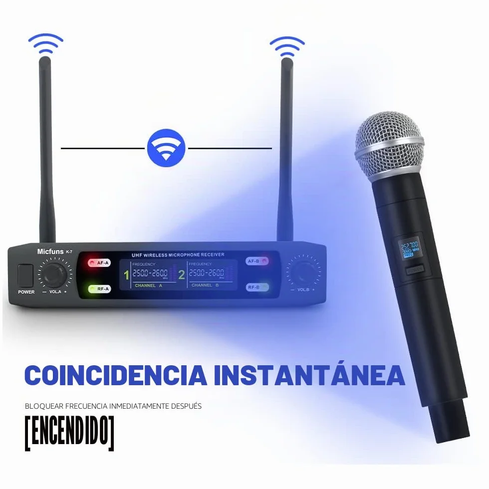 K7 - Juego de micrófono profesional inalámbrico 2 portátiles VHF 230-250 MHz sistema de micrófono 100 m de distancia para karaoke, fiesta, idioma