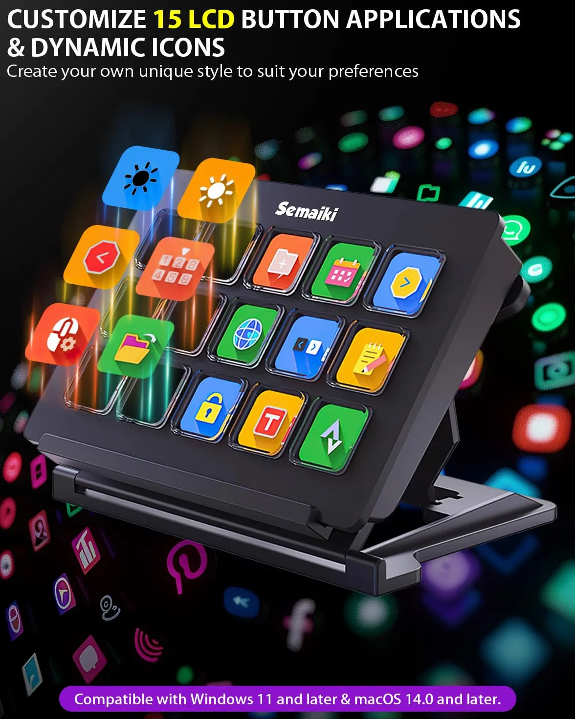 Semaiki Teclado macro Stream Controller con 15 teclas macro LCD personalizables, activa acciones en aplicaciones y software como OBS, Twitch, Streamlabs, Discord, Mac y Windows