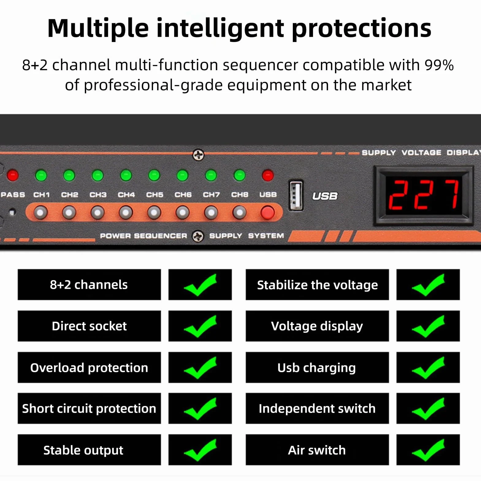 Sxhlseller Acondicionador de Energía de 10 Enchufes, Secuenciador de Energía con Pantalla de Alta Definición, Puerto USB con Interruptor Independiente para Escenario, Estudio, Cine en Casa (EU)