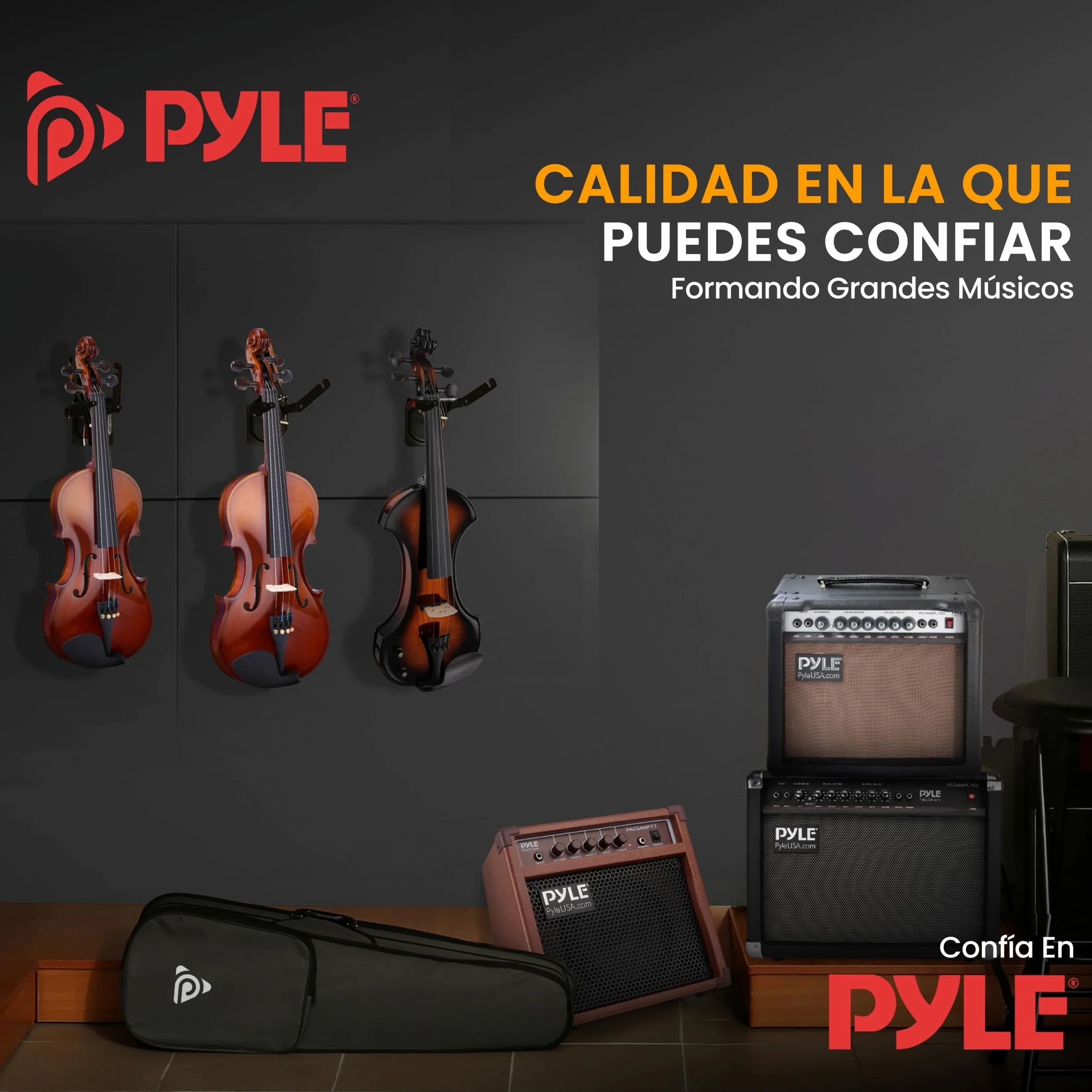 Pyle violin 4/4, Set para principiante y niños, Con estuche, Paño de limpieza, Reposabrazos ergonomico, Afinador digital, Cuerdas adicionales