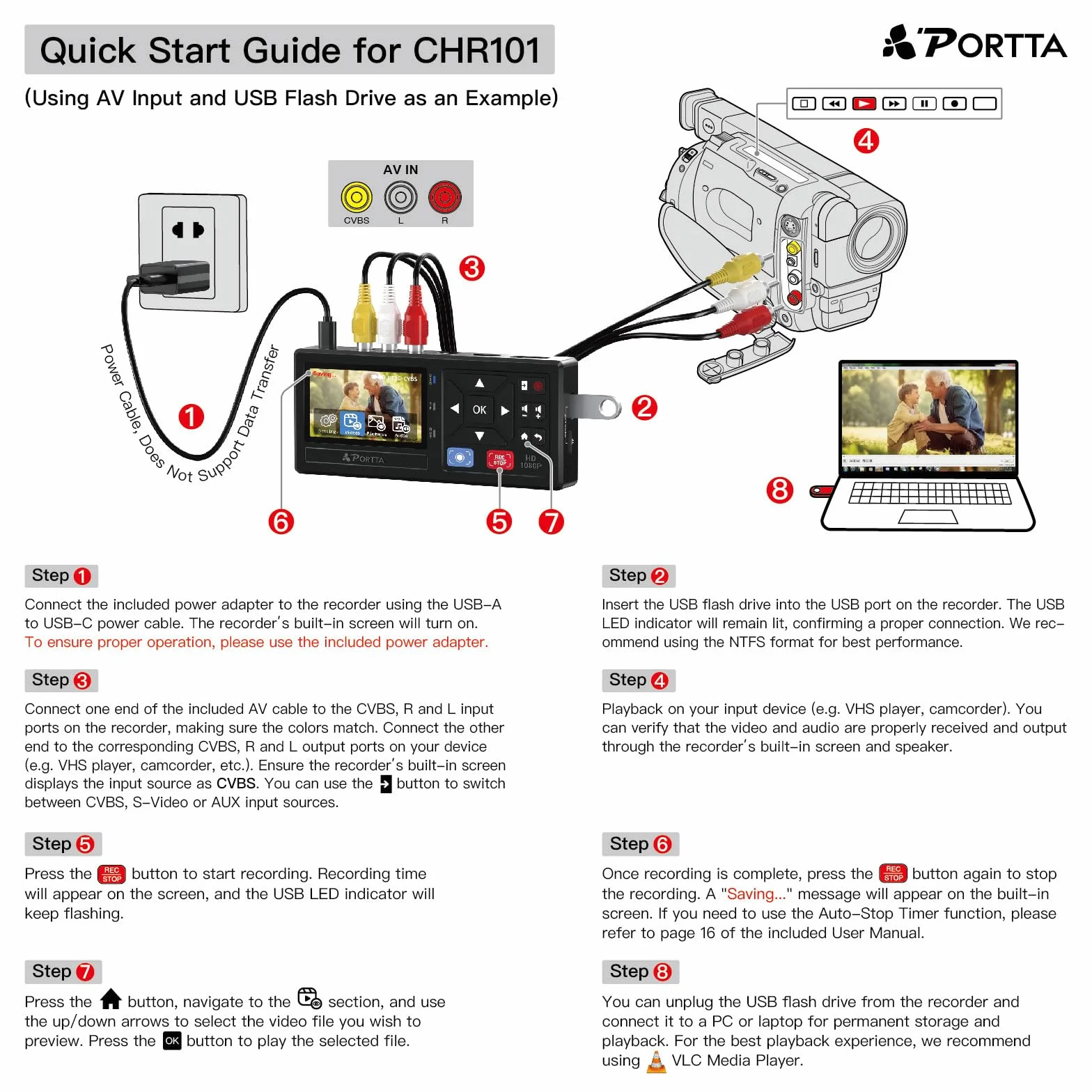 Portta VHS to Digital Convertidor, VHS a Digital Grabador con Remote, RCA to HDMI Converter Compatible con VHS, VCR, DVR, DVD, Hi8, Mini DV, Camcorder, Cassette Tape, Gaming Consoles