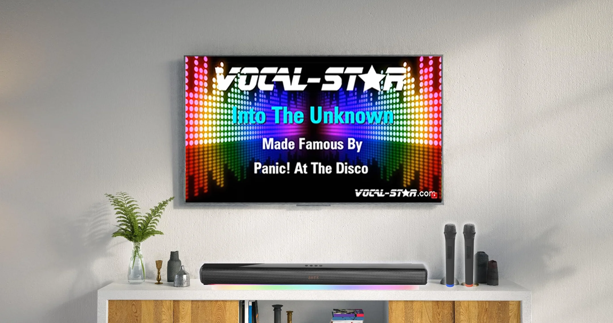 Máquina de Karaoke Vocal-Star, Altavoz de Barra de Sonido de 300 W, 2 micrófonos inalámbricos UHF, Efectos de luz, HDMI ARC, BT, AUX, óptico, Sistema de Entretenimiento Todo en uno