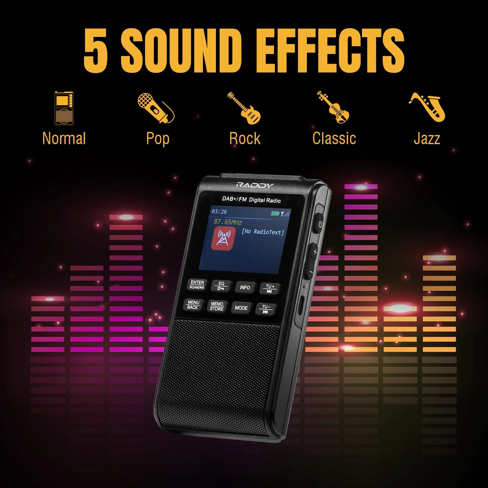 Raddy RD939 Radio portátil DAB FM de bolsillo con BT 5.3, altavoz 5W, pantalla 2", USB-C, batería 1200 mAh