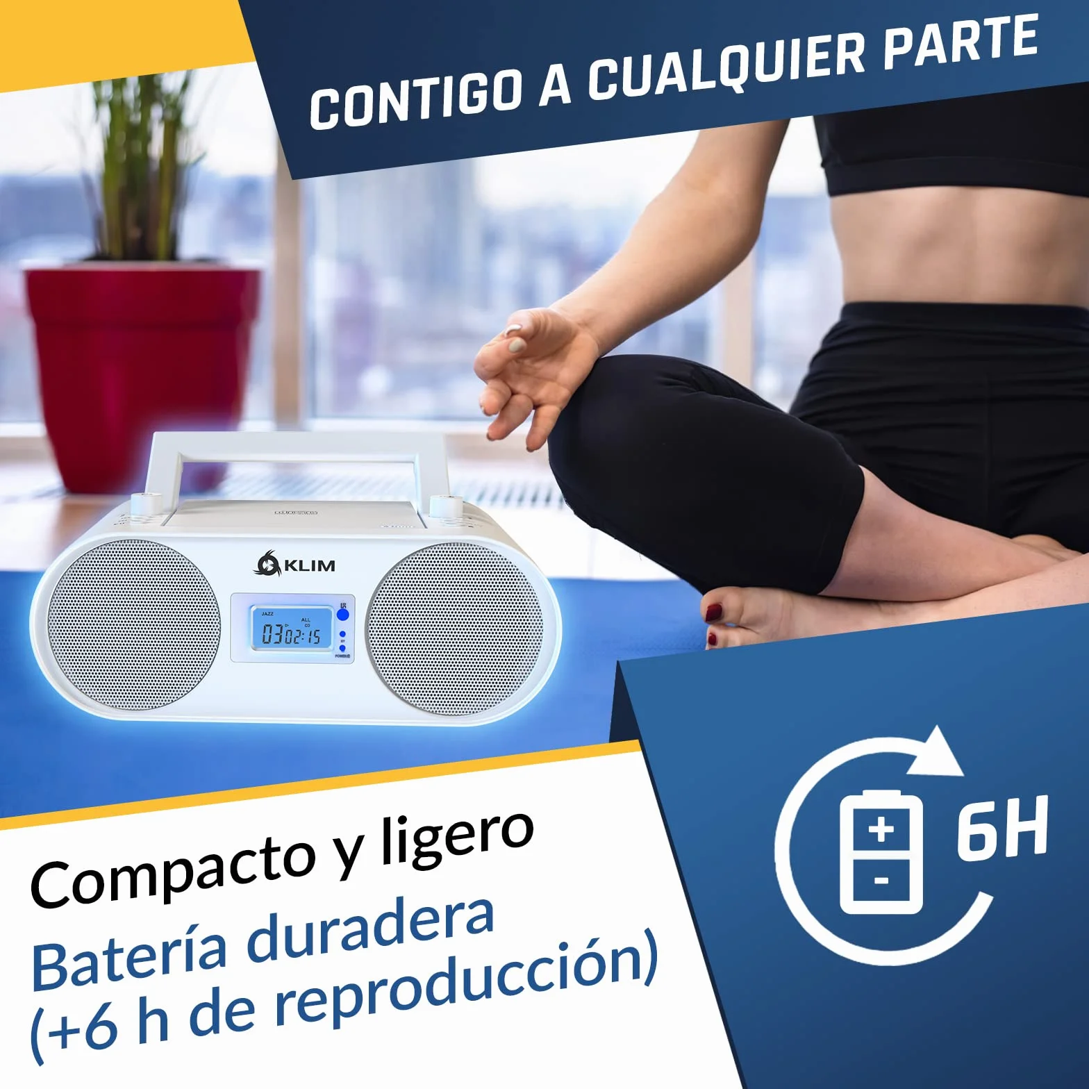 KLIM Boombox B4 Reproductor CD Portátil Radio FM Bluetooth MP3 AUX USB Batería Recargable Blanco