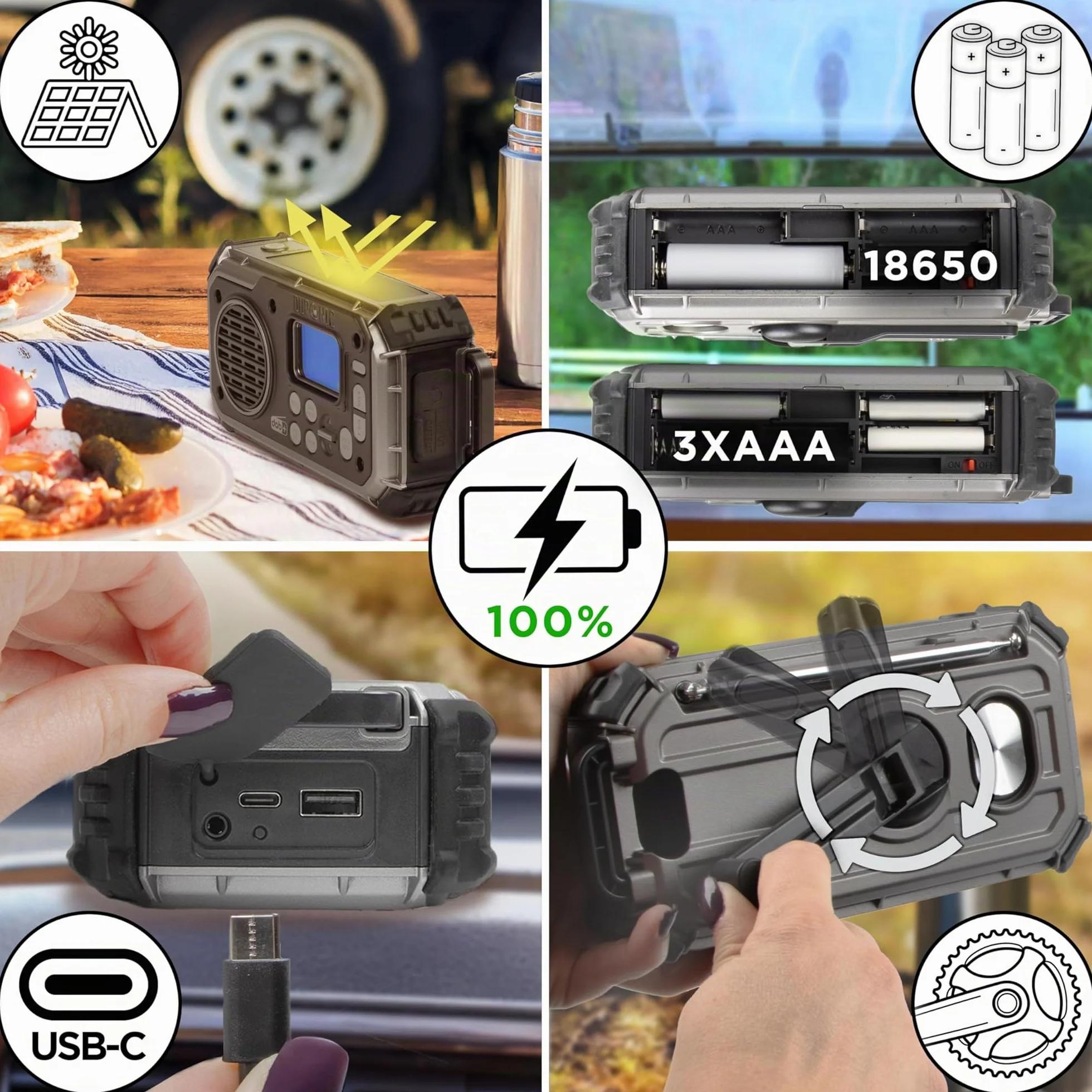 Duronic SDAB1 Radio Solar - Radio Emergencia Solar Dinamo, Radio con Manivela, Radio Dinamo, Linterna Radio Manivela Solar, Radio Supervivencia, Radio a Pilas y Solar Wind Up Radio FM Dab+ Bluetooth