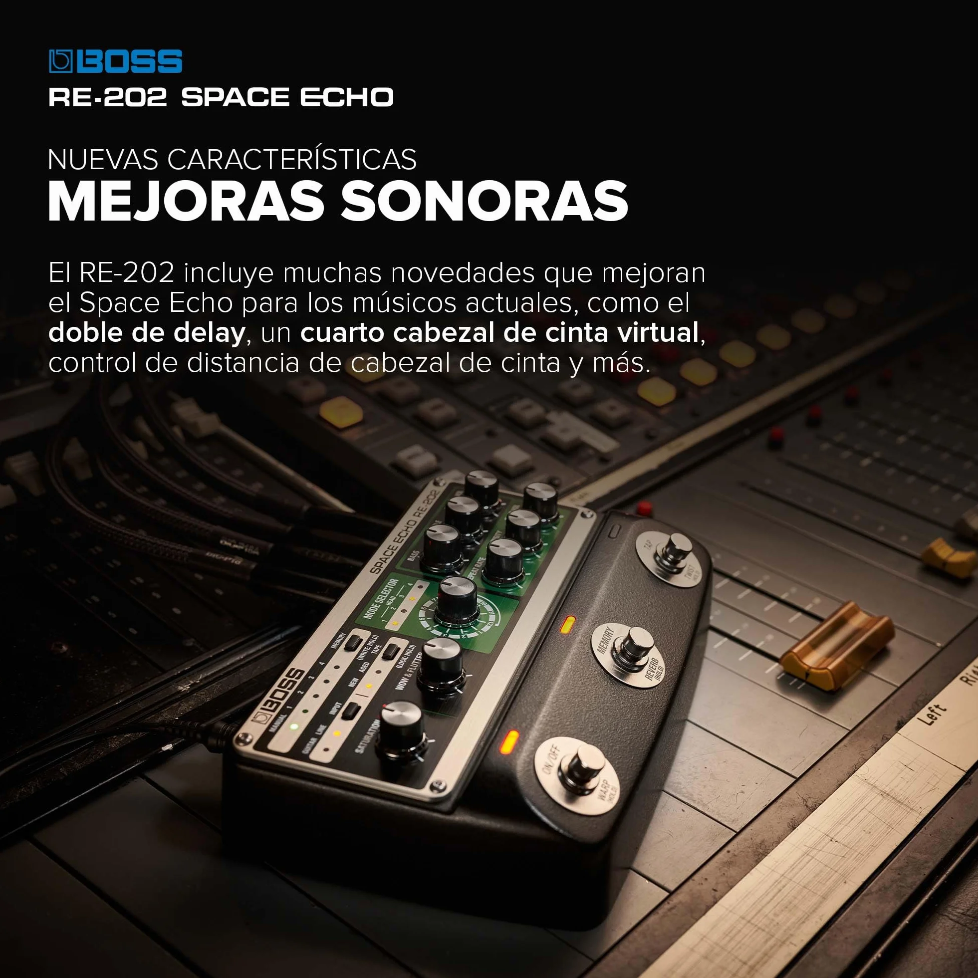 BOSS RE-202 SPACE ECHO – Pedal de efectos de cinta de eco, delay y reverb. Moderna recreación avanzada del mítico Roland RE-201 Space Echo. Estéreo verdadero. Reverb de muelles verdadera.