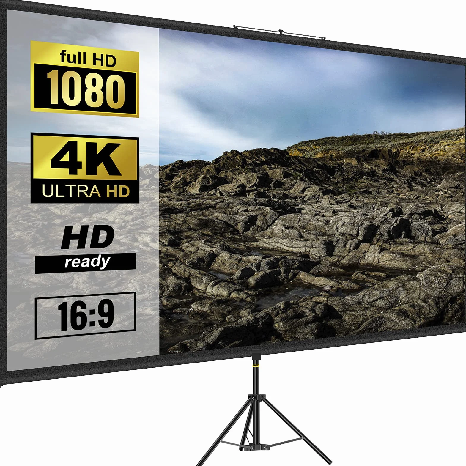 VEVOR Pantalla Proyector 100" 16:9 4K HD Trípode Ajustable 200-250 cm Portátil 227x127 cm Cine en Casa Negro
