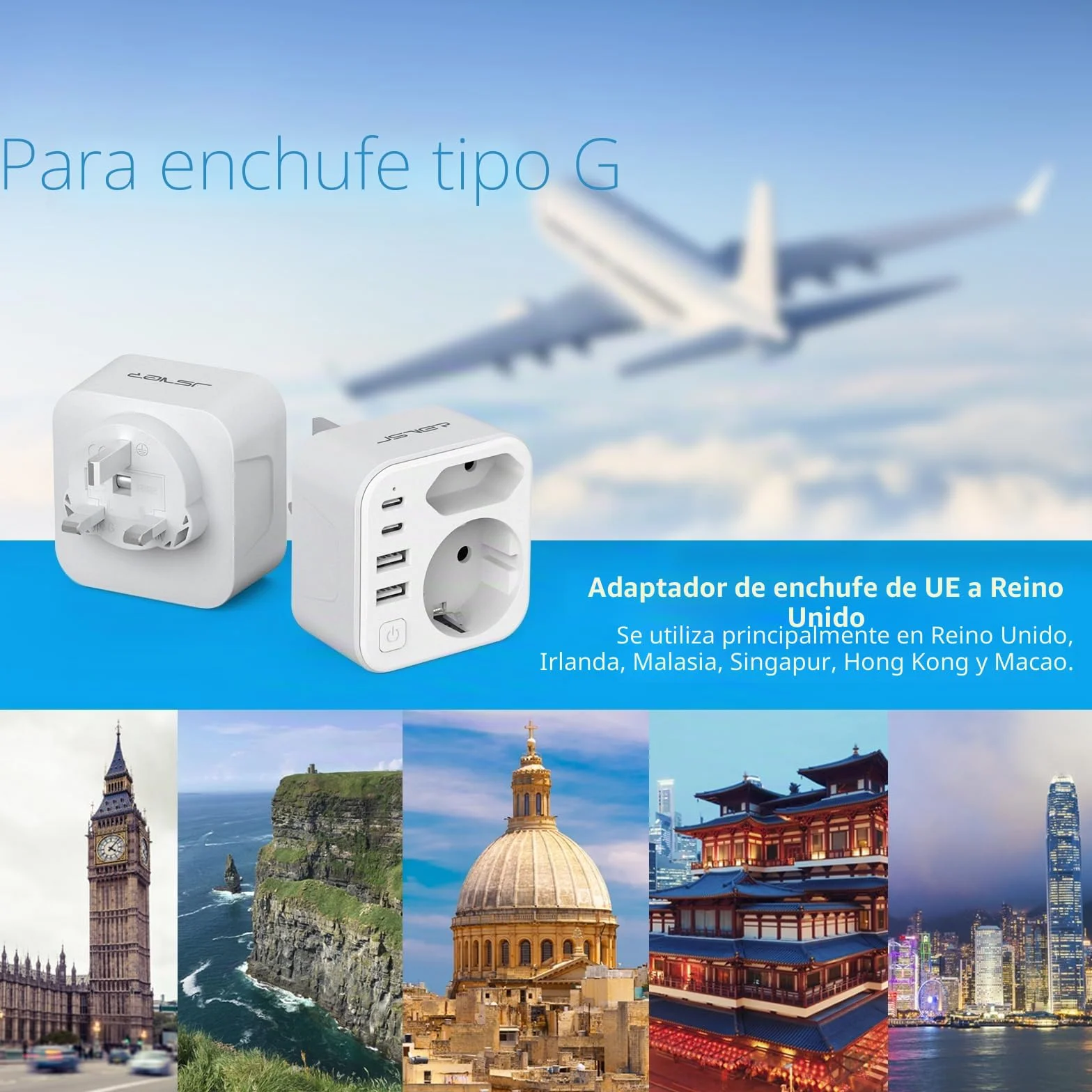 JSVER Adaptador Enchufe UK Tipo G con 2 USB A y 2 C para Viaje EU a UK Irlanda Malasia Singapur Hong Kong Macao