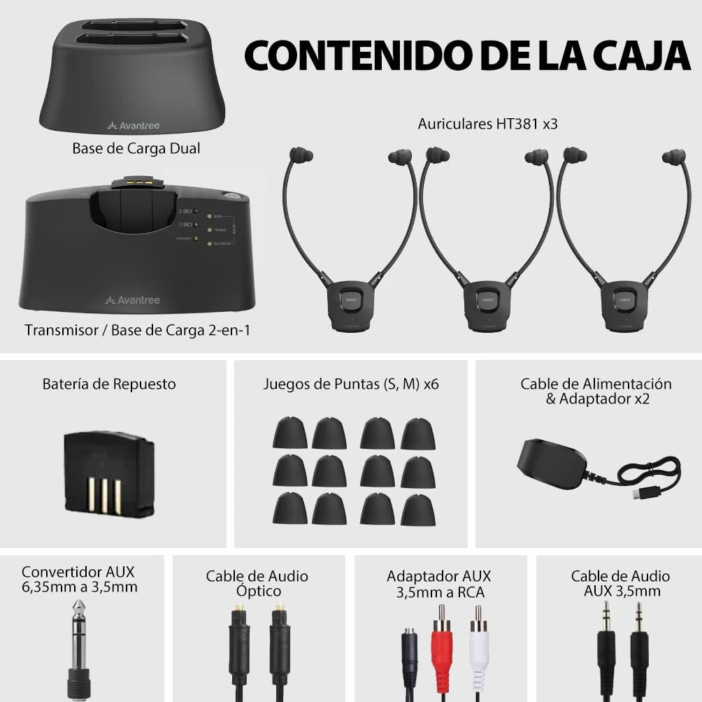 Avantree HT3831 – Auriculares TV Inalámbricos con Control de Volumen L/R, Ampliable hasta 10 Auriculares, Ideal para Familias
