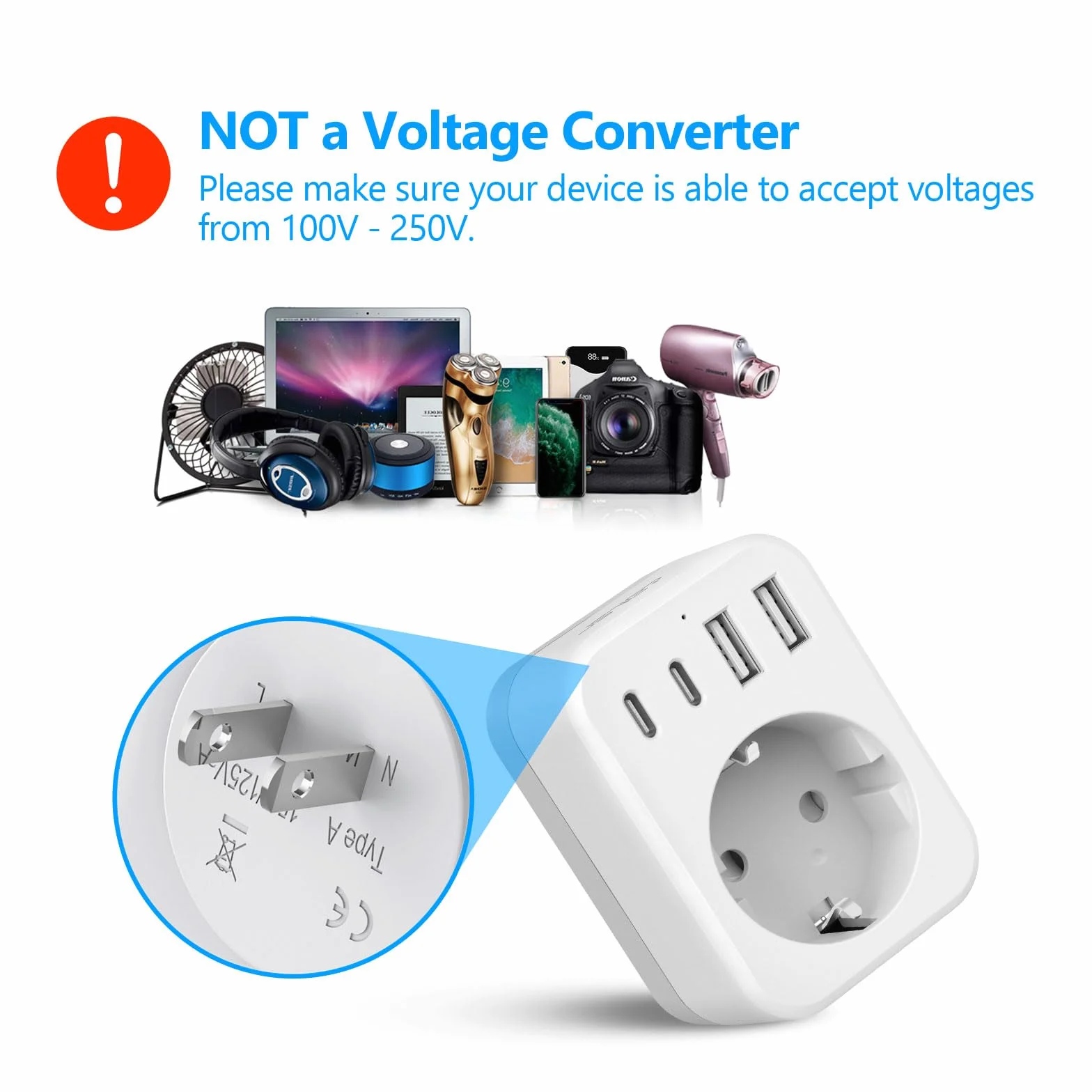 Adaptador Japon, JSVER 5 en 1 Adaptador Enchufe para Japan Tipo A con 2 USB A y 2 USB C, Enchufe de Viaje para Español a Japones,América, México, Canadá, Tailandia-Blanco