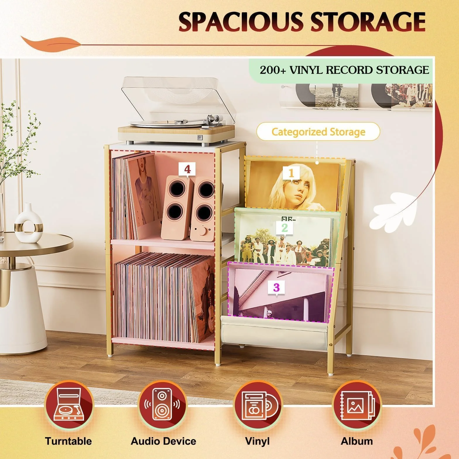 Bikone Mueble para Tocadiscos con 3 Niveles Almacenamiento de Vinilos – Mesa Giradiscos con Estante Expositor, Capacidad para 200 Discos, Consola de Medios para Estéreo y Equipos de Audio (Dorado)