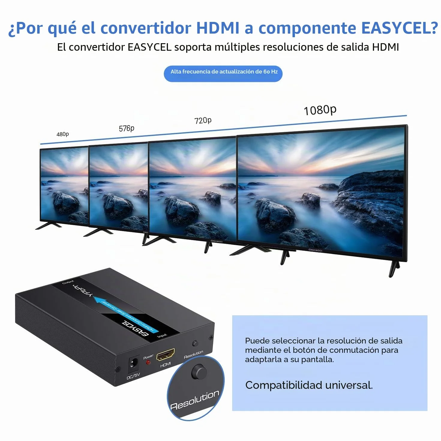 Convertidor de HDMI a Componente con Función de Escalado, Cables y Adaptador (Aluminio)