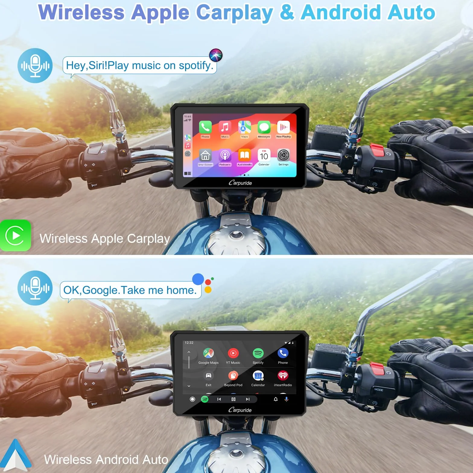 Carpuride W702 Pantalla GPS Carplay 7 Pulgadas Motocicleta CarPlay Inalámbrico Android Auto Pantalla Táctil Impermeable Bluetooth Navegación