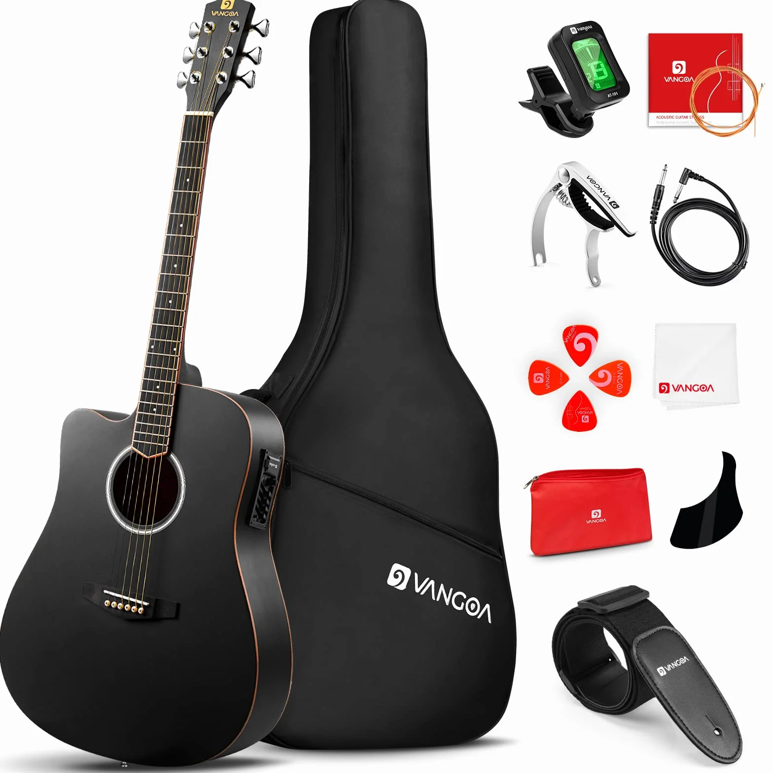 Vangoa Guitarra electroacústica 4/4, tamaño completo de 41 pulgadas con ecualizador de 4 bandas, kits para principiantes, juego de iniciación zurdo negro