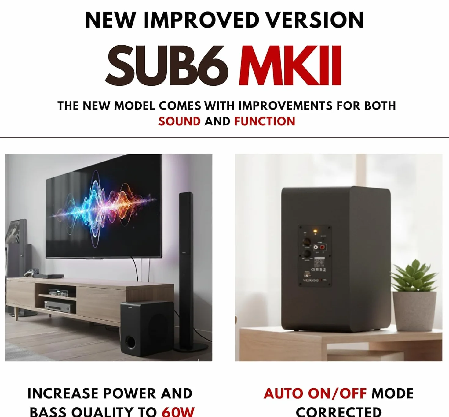 VULKKANO SUB6 MKII Subwoofer Activo 6 Pulgadas 50Hz-200Hz Cine en Casa Música Videojuegos