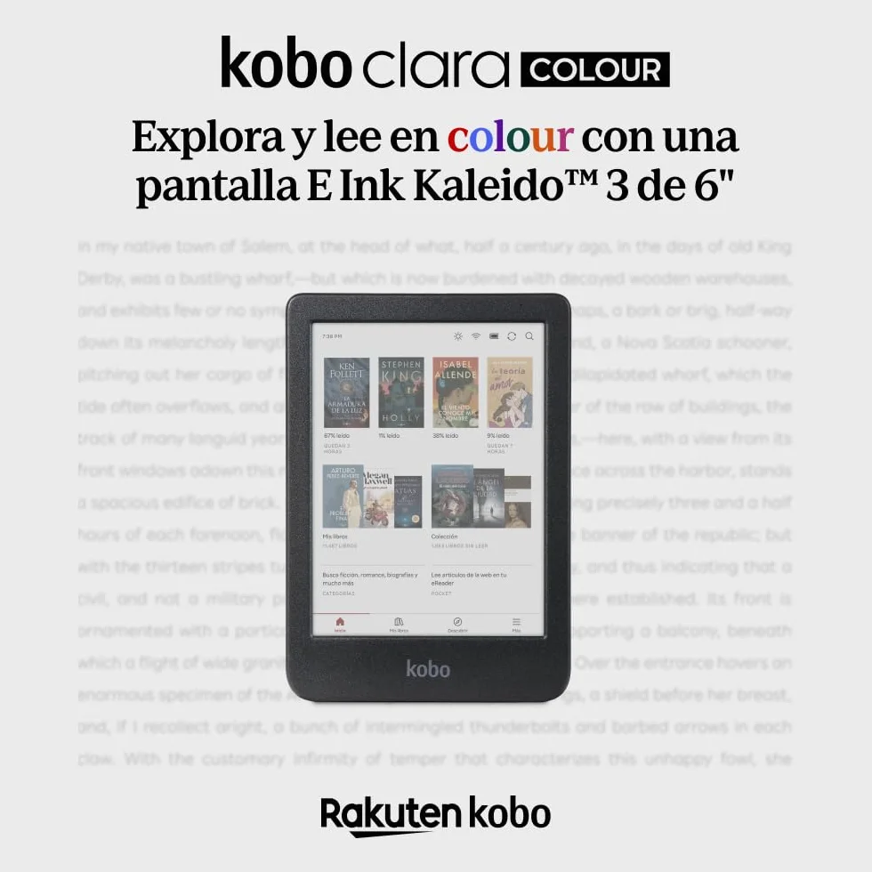 Kobo Clara Colour eReader 6" E Ink Kaleido 3 Pantalla Color sin Reflejos Modo Oscuro Resistente al Agua Audiolibros 16 GB Negro