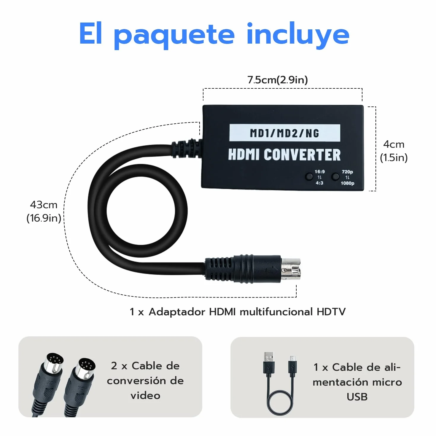 Mcbazel Adaptador HDMI Seamless para Mega Drive/Neogeo HDTV, convertidor de vídeo Multifuncional 4:3/16:9, 720P/1080P（Consola Original sin modificar y Salida RGB necesaria）