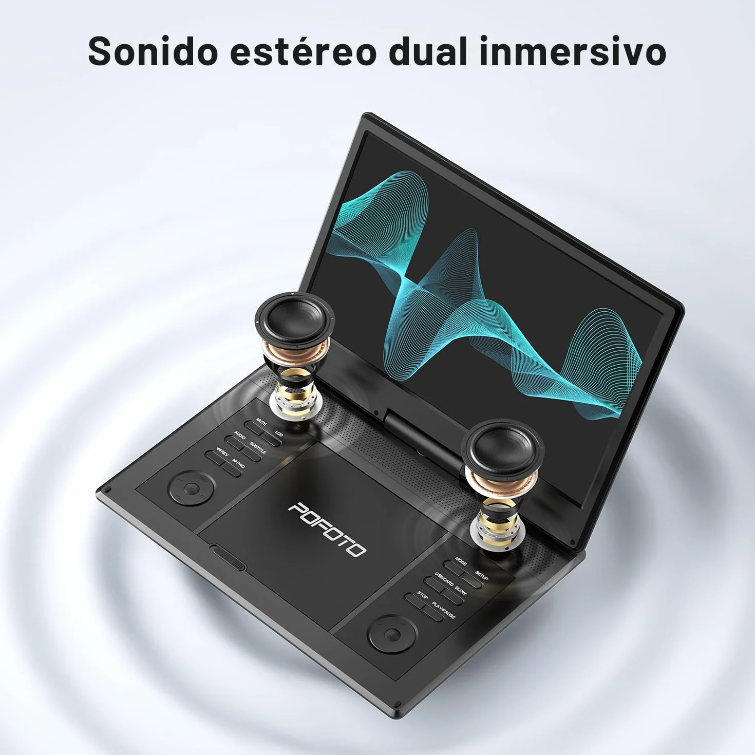 POFOTO Reproductor DVD Portátil 15,7'' Pantalla HD Giratoria 14,1" 6H Autonomía Multiformato SD USB
