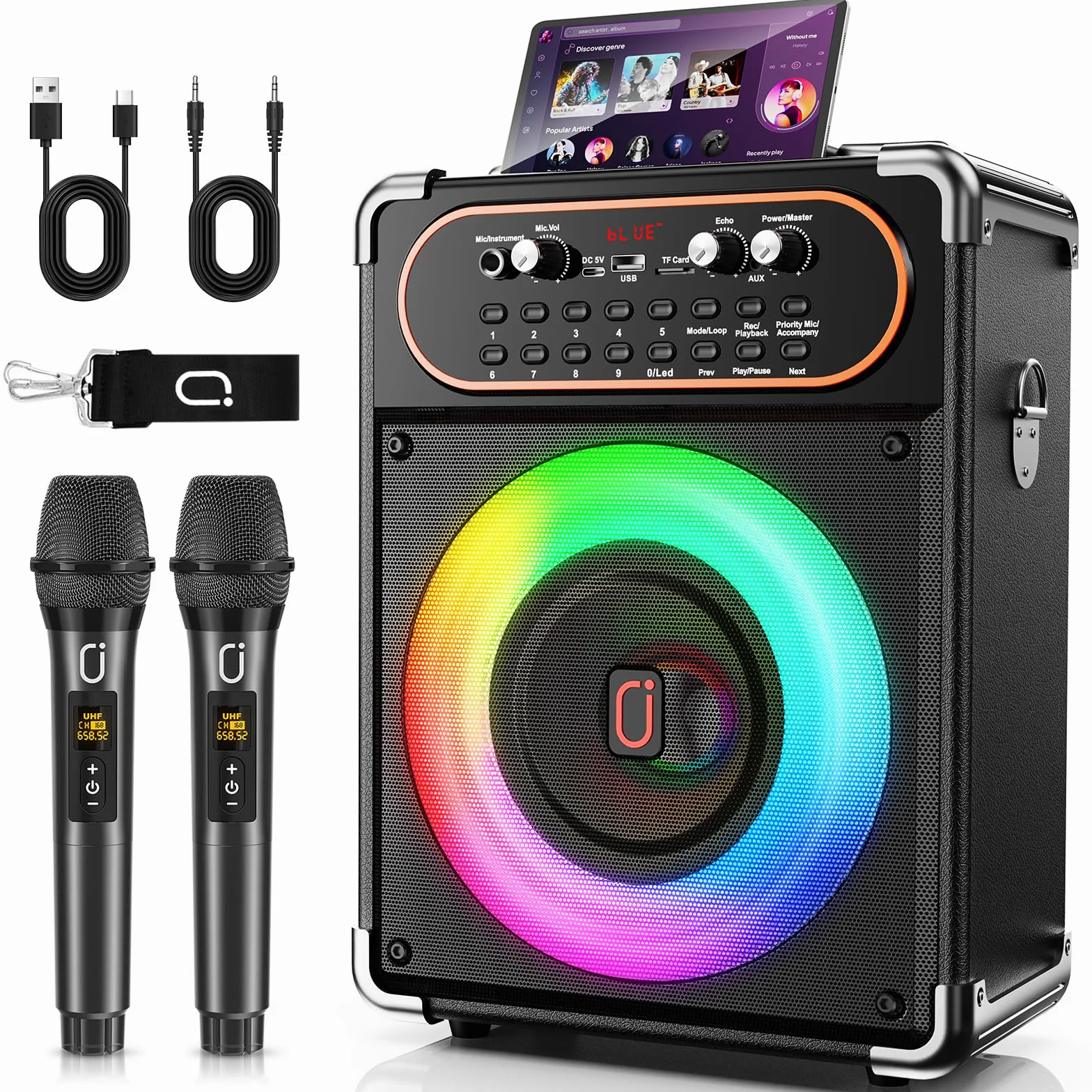 HWWR Máquina de Karaoke con 2 micrófonos, Altavoz inalámbrico portátil para Fiestas, Caja de música con Luces LED, Sistema de Karaoke Bluetooth, Sistema PA de Soporte TWS/USB/Tarjeta TF/AUX/FM