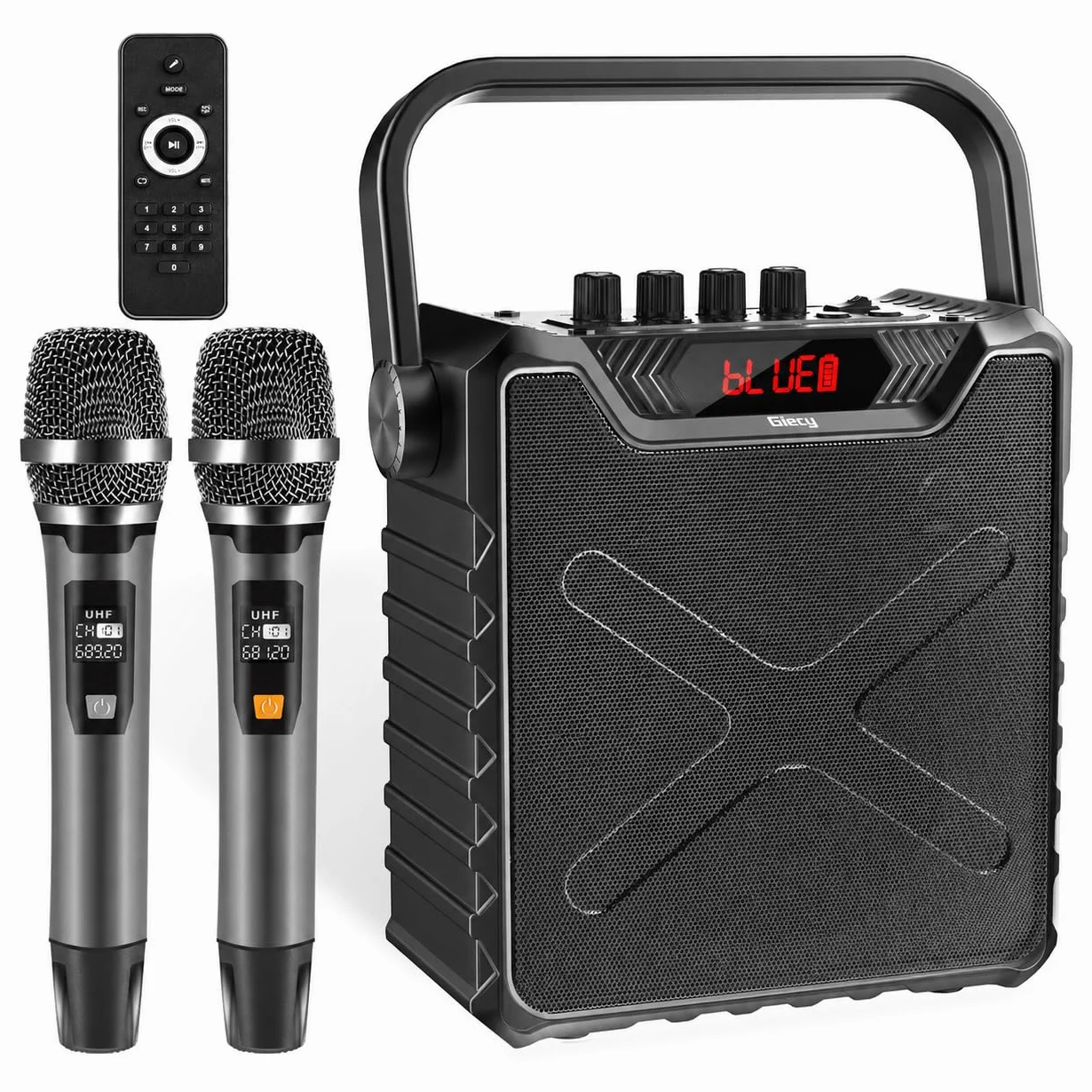 Amplificador de Voz con 2 Micrófonos Inalámbricos UHF, Portátil Altavoz Karaoke con Sistema PA para Fiestas y Altavoz Bluetooth con Bass Boost