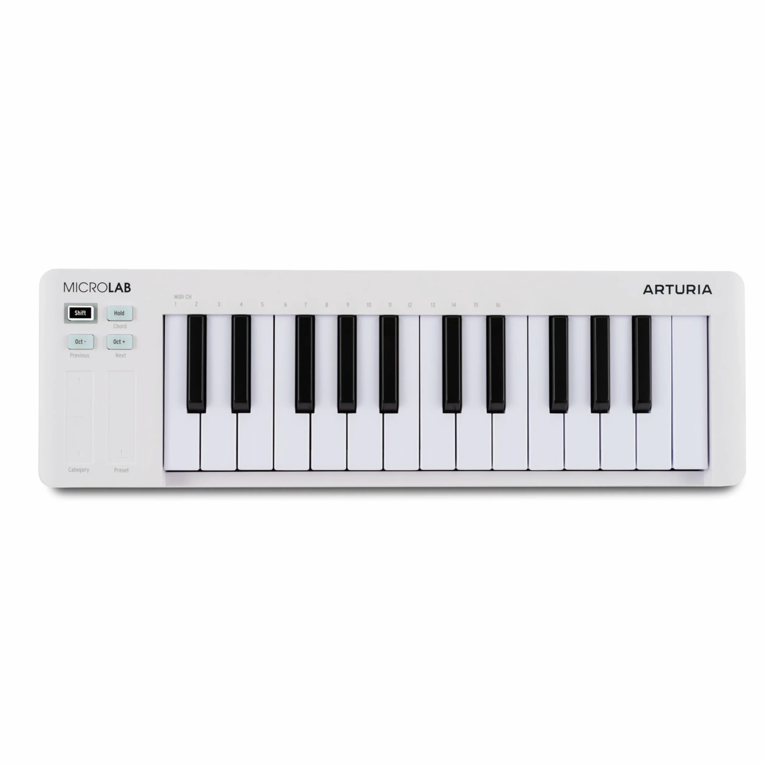 Arturia MicroLab MK3 - Teclado compacto de 25 teclas sensible a la velocidad para controlador MIDI, Bandas táctiles dobles, Modo Acordes, Entrada pedal sustain - Blanco