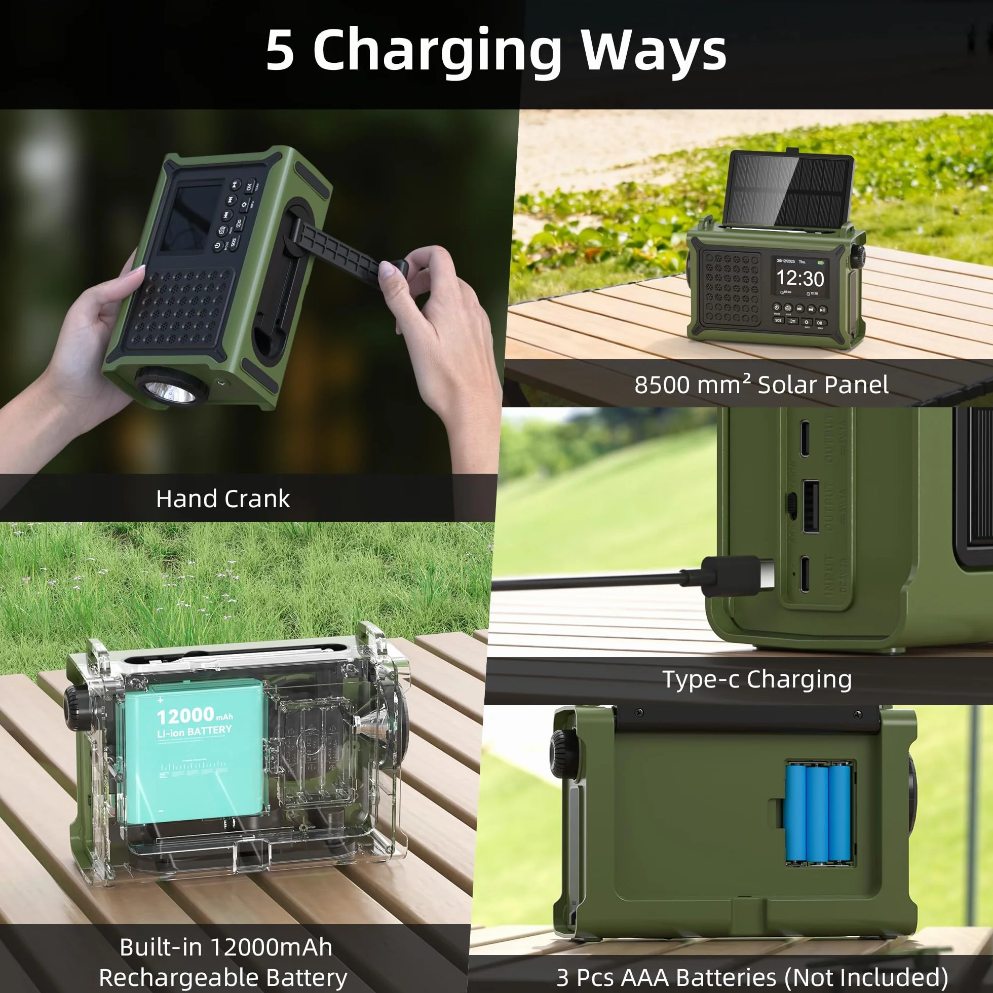 Radio Portátil Dab+/Dab/FM, Radio Solar con Manivela con Batería Recargable de 12000 mAh, Radio con 80 Emisoras Presintonizadas, Pantalla LED TFT de 2,4", Alarma SOS para Senderismoa, Camping