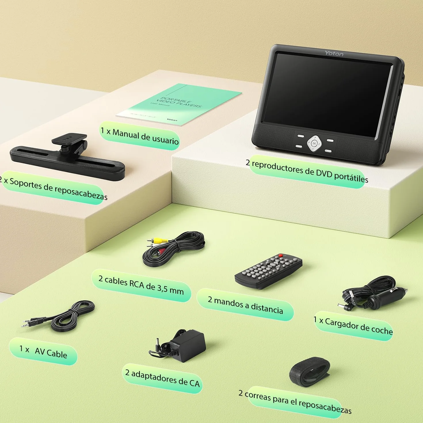 YOTON Reproductor de DVD portátil para niños, 10,5 pulgadas, compatible con USB/SD, con soporte para reposacabezas, 5 horas de