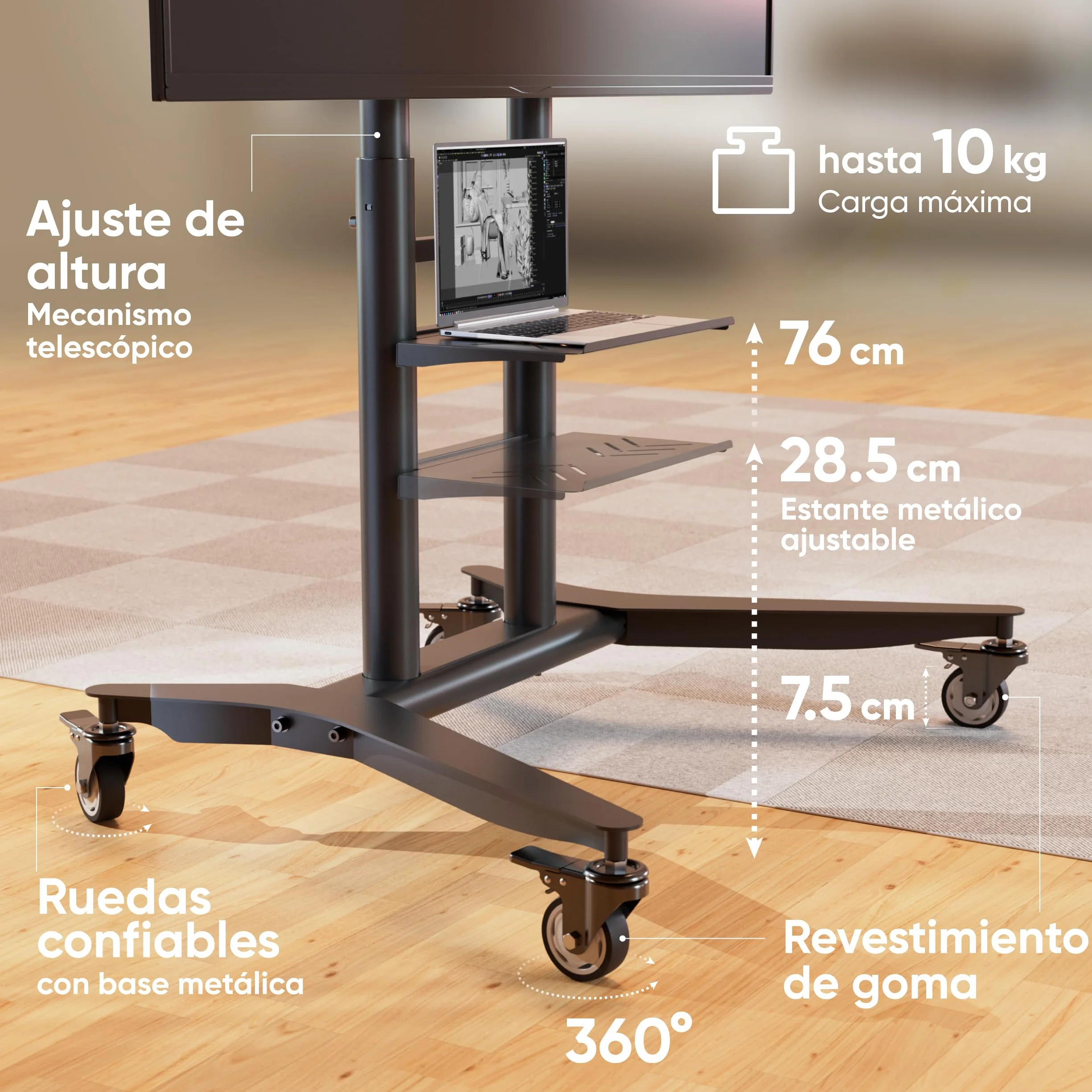 ONKRON Soporte TV Ruedas 55-90 Pulgadas, VESA 200x200-800x600 mm, Carga 90 kg, Regulable Altura, Acero, Negro