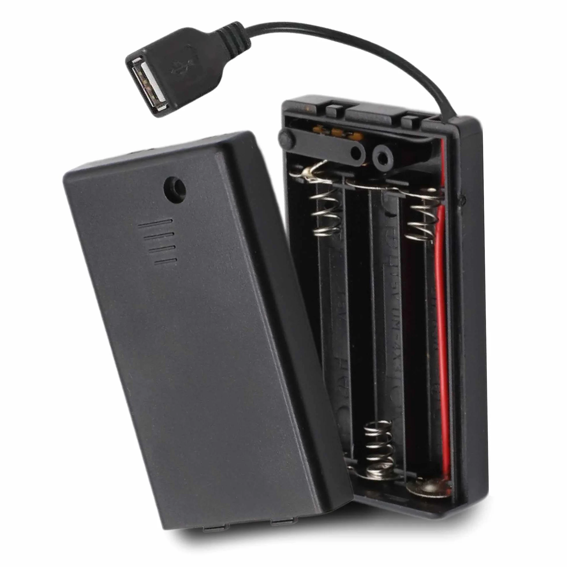 TECHZOCO Portapilas con Interruptor ON/Off, Soporte de Batería AA, Caja de Batería, Porta Pilas, Incluye Cable USB Hembra, Voltaje Total 4.5V (1.5V por Pila), Apto para 3 Pilas LR6 AA (FR6, HR6, LR6)