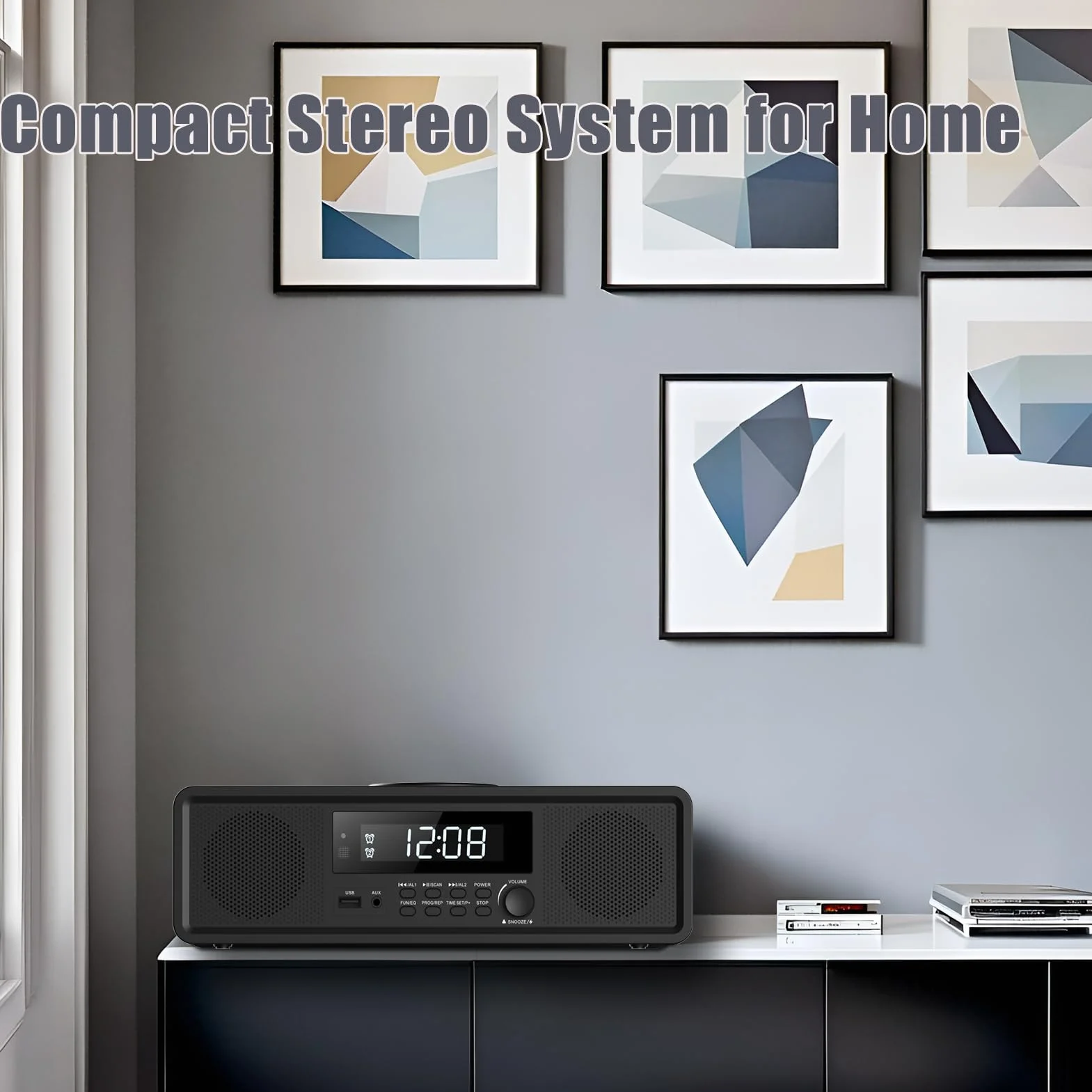 Sistema estéreo HiFi Compacta con CD, Radio FM, Bluetooth, USB, Auxiliar, Reloj Digital