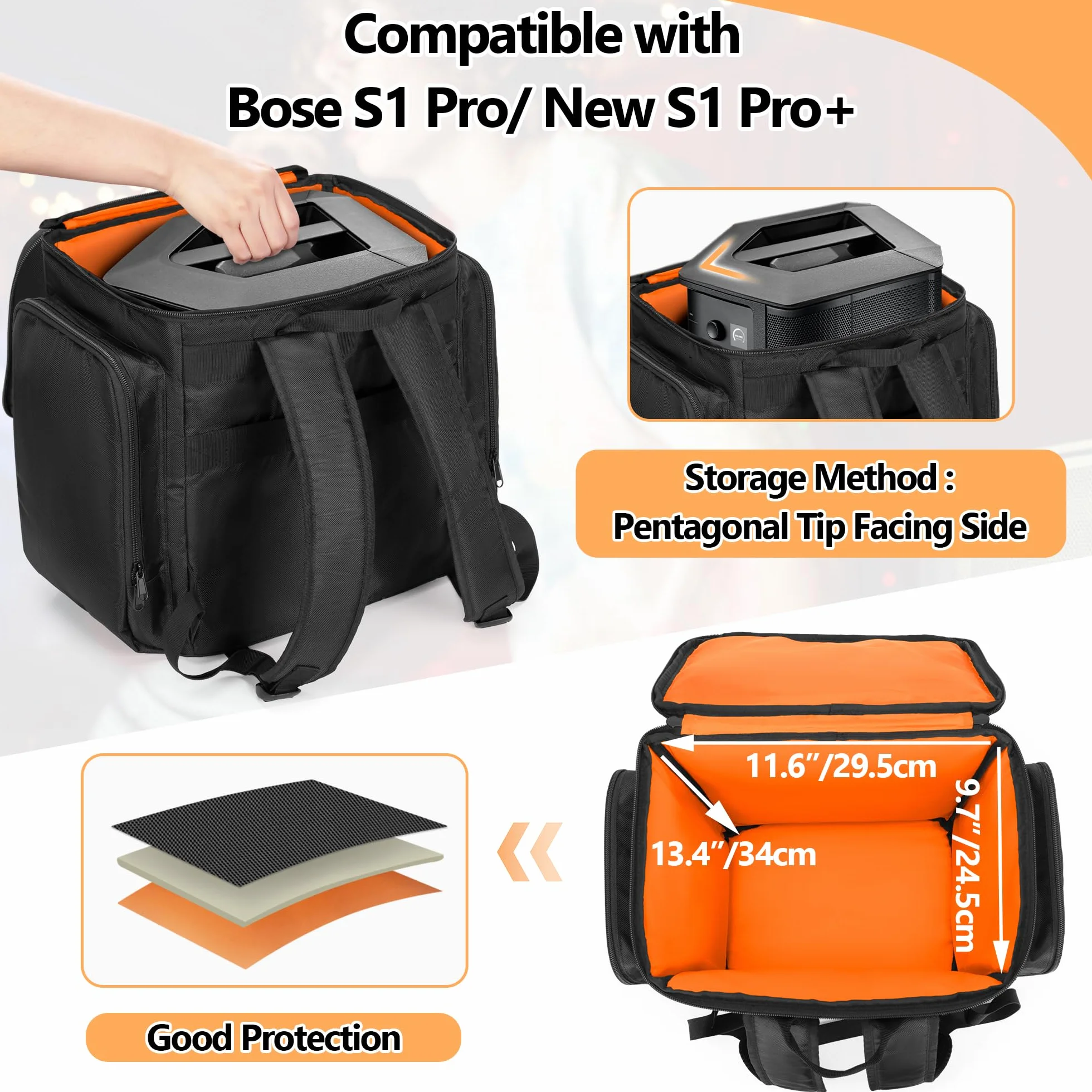 CURMIO Estuche de Transporte Compatible con Bose S1 Pro/S1 Pro+, Mochila para Altavoz Bluetooth Portátil, Bolso de Viaje para Sistema PA, Micrófono, Cargador, Cable, Negro
