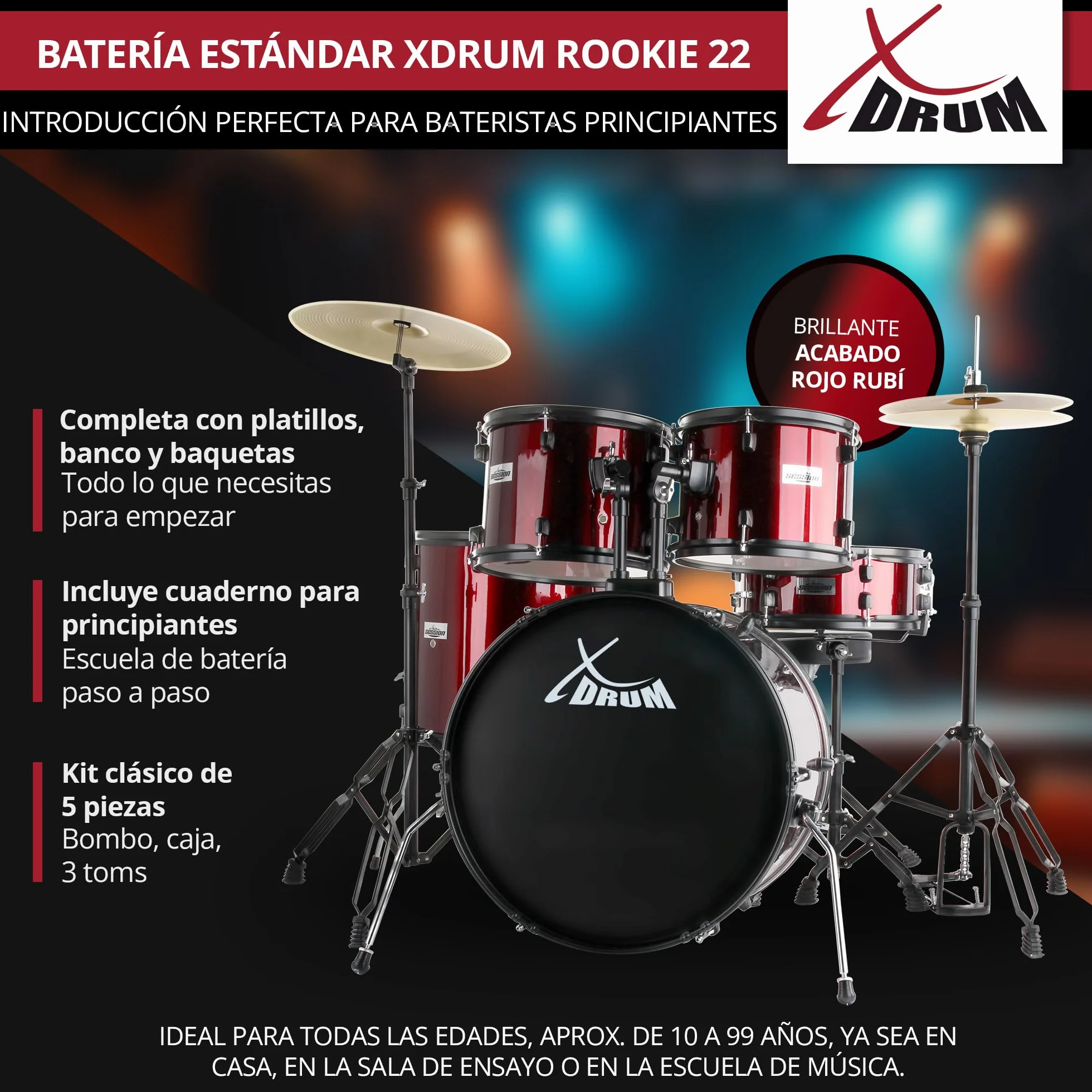 XDrum Rookie 22" Standard Juego Completo de Batería Ruby Red - Ideal para Principiantes - Hardware Estilizada en Negro - Incluye Baquetas 5B, Manual de Montaje y Escuela de Batería - Rojo