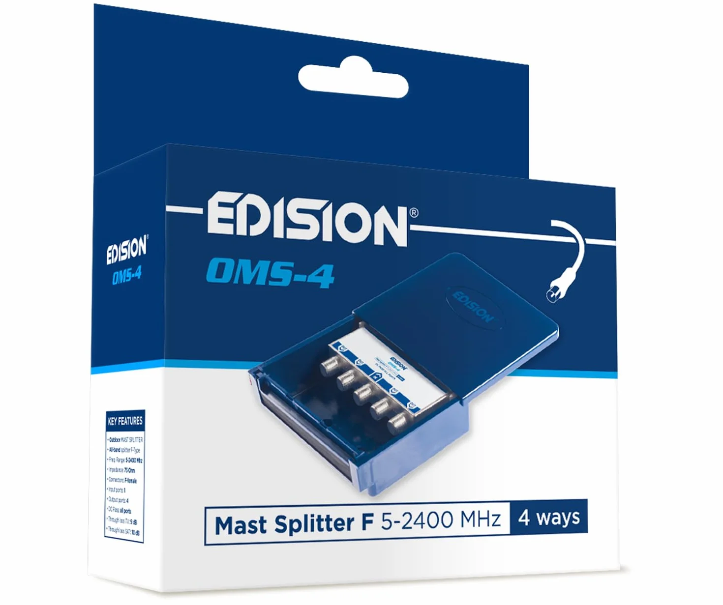 EDISION OMS-4 Repartidor de Mástil 4 Salidas Exterior, Adecuado para Terrestre, Satélite, Televisión por Cable, Unicable, 5-2400mhz, DVB-S2, DVB-T2, DVB-C, Paso de DC, Caja Estanca Exterior, 4-Vías