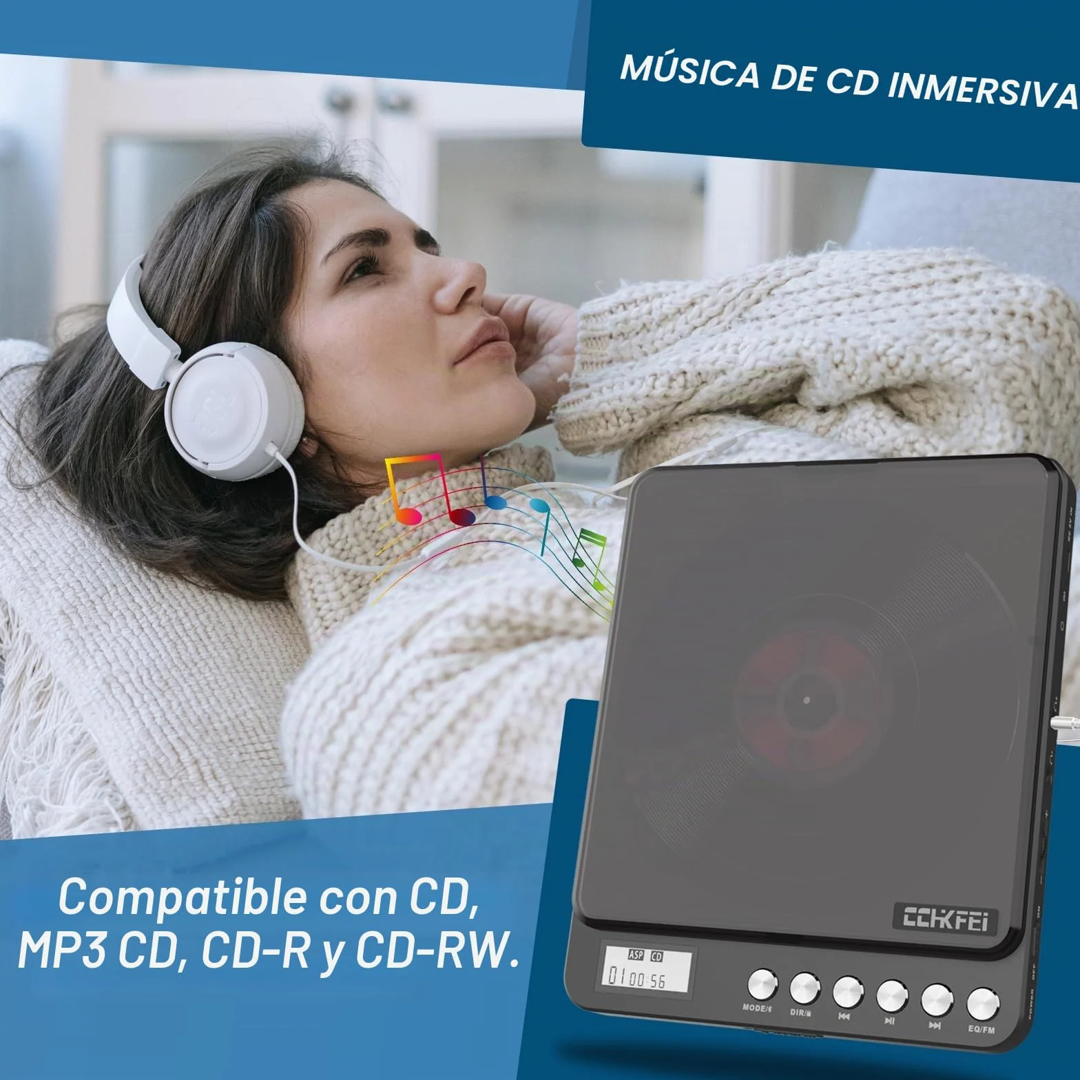 Reproductor de CD Portátil con Bluetooth 2000mAh Recargable Transmisor FM, Doble Jack 3.5mm para Coche