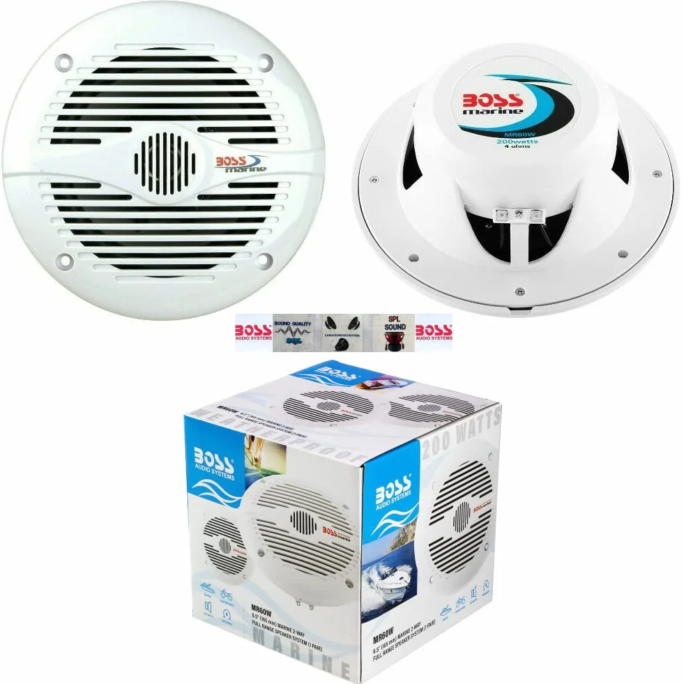 2 Altavoces Marinos Compatible con Boss Audio MR60W 2 vias 6.5" 16.50 cm 165 mm 100 vatios rms 200 vatios máx Barco Piscina mar Impermeable, Pareja + 5 Stickers Gratis