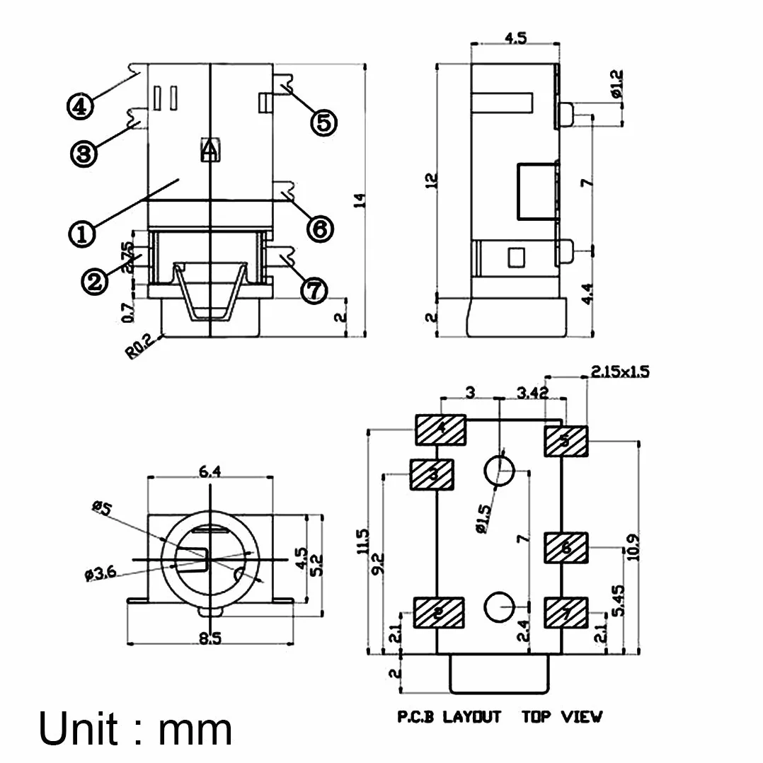 sourcing map Conector de Conector de Audio de 3,5 mm Conector PCB Hembra Hembra 6 Pin pj-311d / pj-342b 5pcs