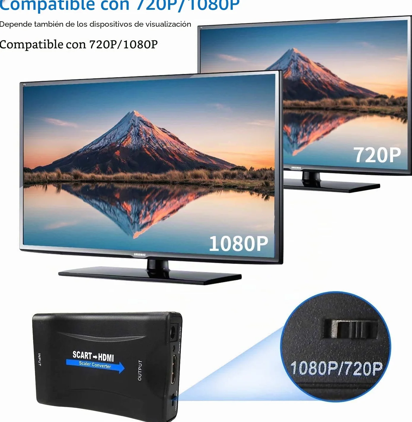Adaptador Scart a Hdmi Convierte la entrada analógica en un adaptador de audio de vídeo 720p/1080p para HDTV Stb VHS Xbox Ps3 Sky DVD Crt Blu-ray..
