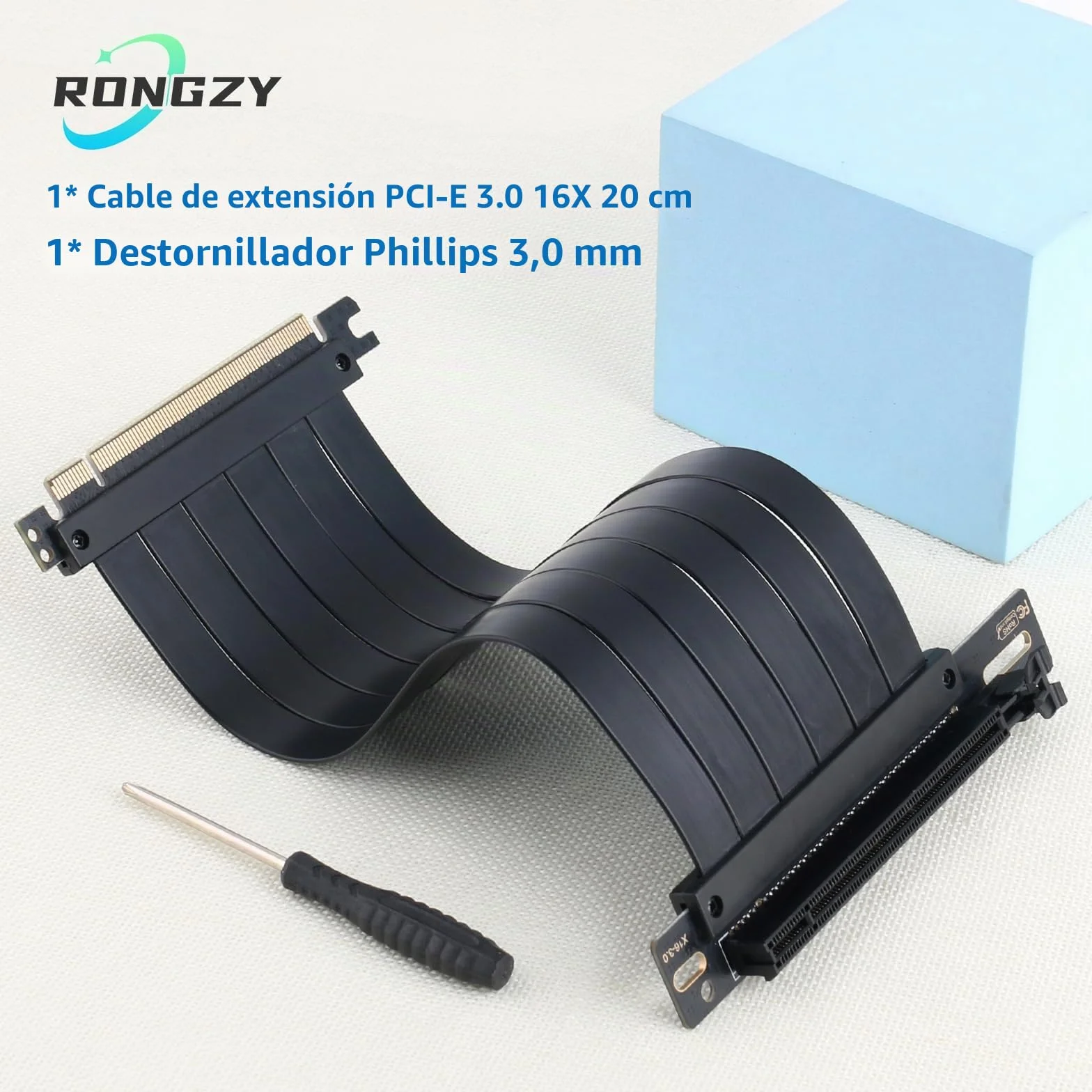 RongZy PCI-E 3.0 16X Riser Cable para Graphics,Tarjeta de Sonido/Grabación/Red/Expansión PCI-E 3.0 16X Cable de Extensión Doble ángulo Recto Cable Length 20cm
