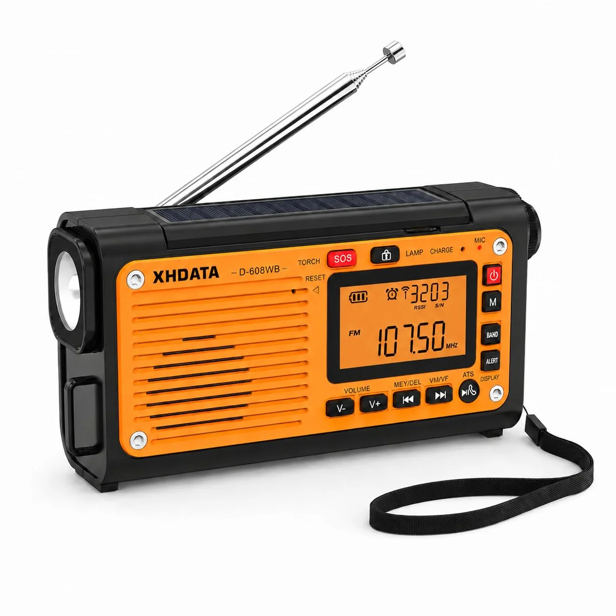 XHDATA D608WB Radio de Emergencia Portátil FM/AM/SW Manivela Solar 3000mAh con Alarma SOS y Bluetooth