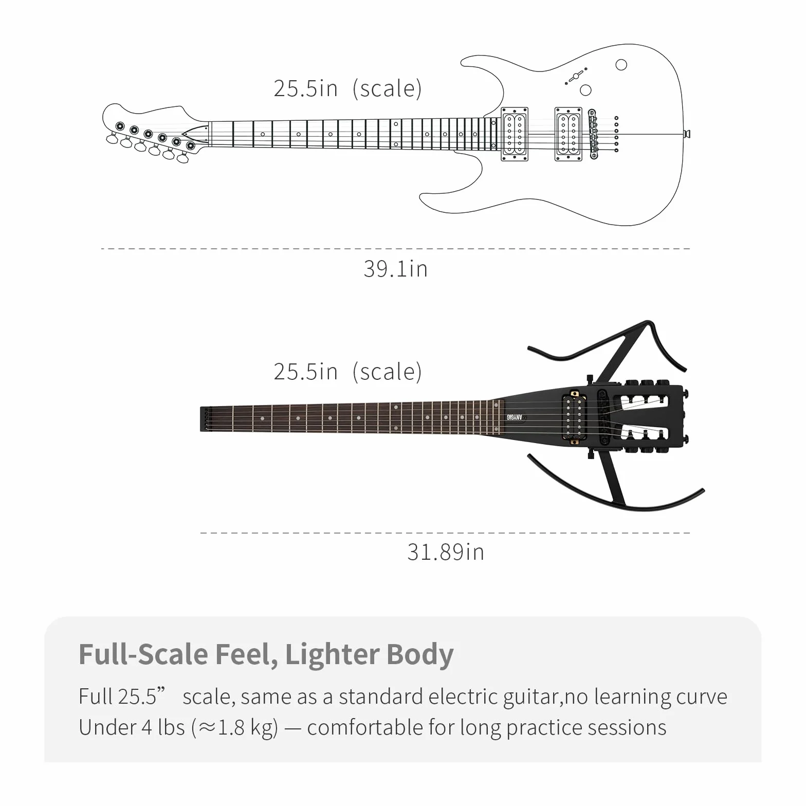 Guitarra eléctrica de viaje ultraligera con diapasón de palisandro de 64 cm, color negro