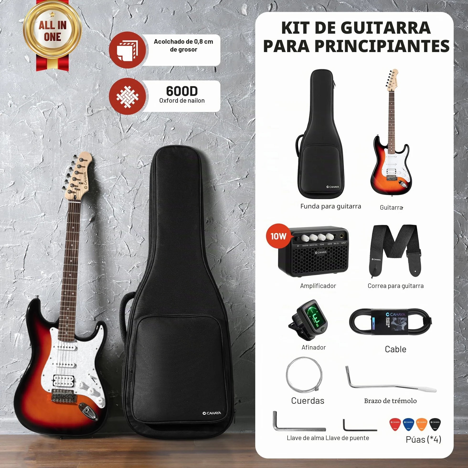 CAHAYA Kit de Guitarra Eléctrica Sunburst: CST100 con Pastillas S-S-H, Mástil de Arce, Cuerpo de Álamo, Diapasón de Laurel. Incluye Amplificador de 10W y Funda de 600D