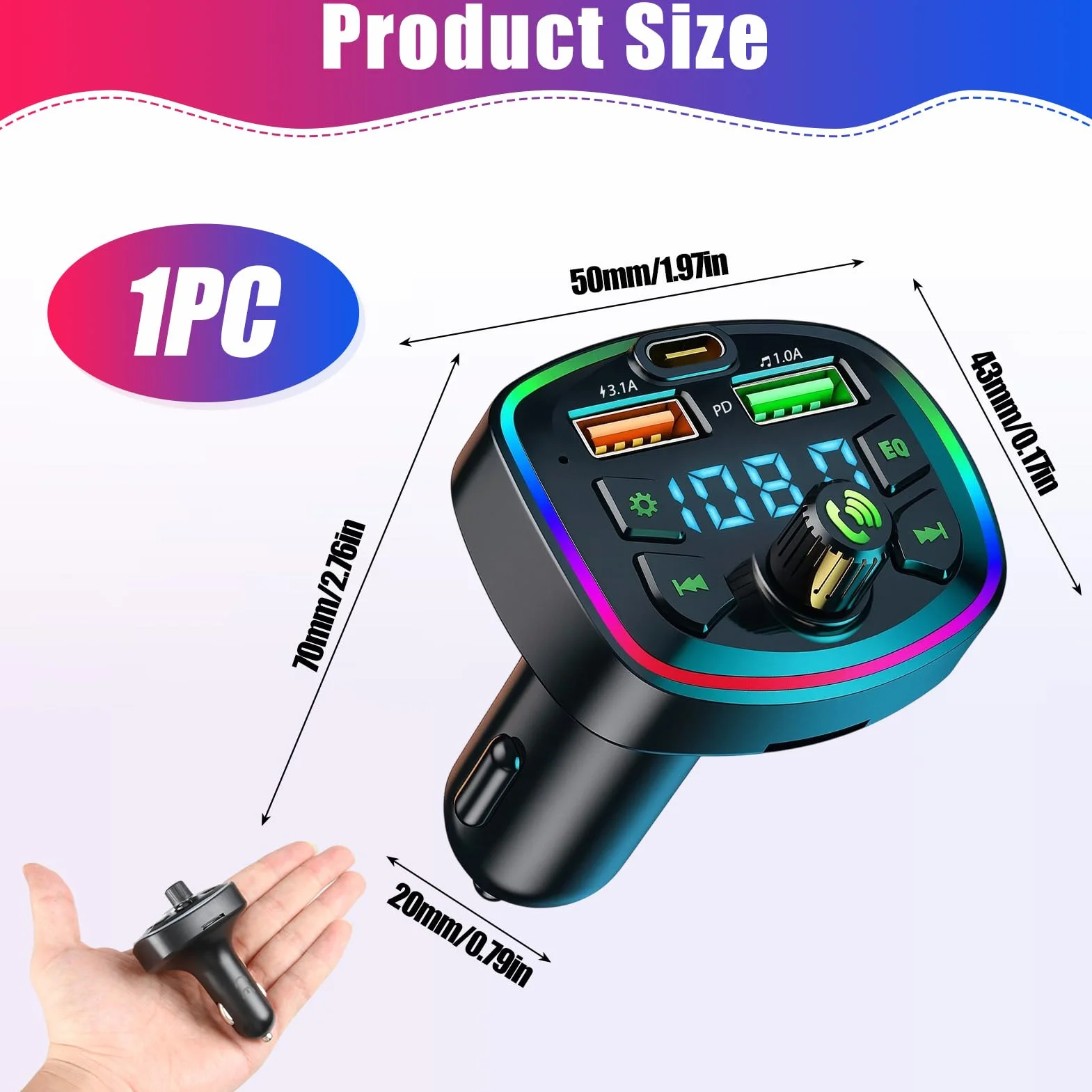 Transmisor FM Bluetooth Coche Adaptador Manos Libres 3.1A 18W PD