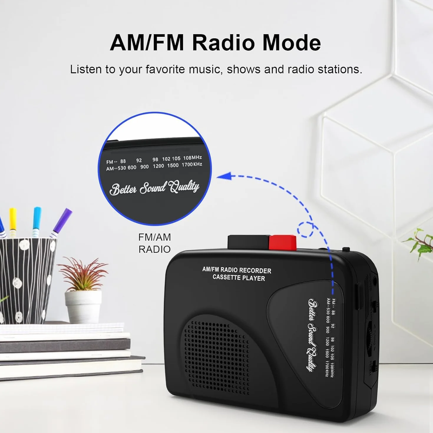 Reproductor de casete portátil con radio AM/FM, altavoz integrado, negro
