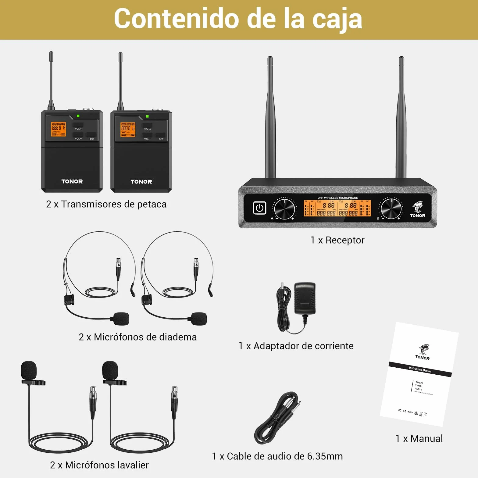 TONOR Sistema de Microfono Inalambrico, con Micrófono Diadema/Lavalier Solapa Bolsillo Mic, Bodypack Transmisorcon, Receiver de Metal, 2x5 Frecuencias UHF, 60M para Cantar Karaoke Lglesia Reunión